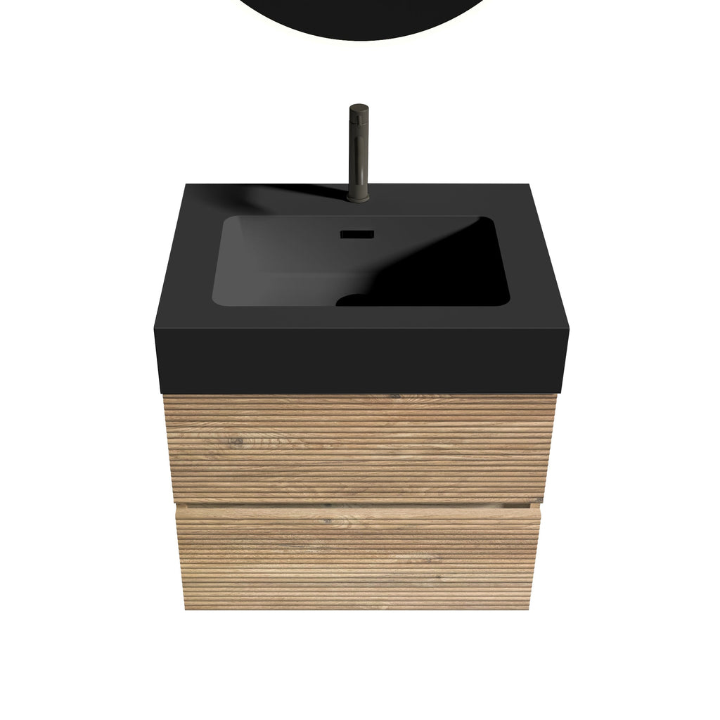 24' Floating Bathroom Vanity with Matte Black Quartz Sink and Oak Drawers