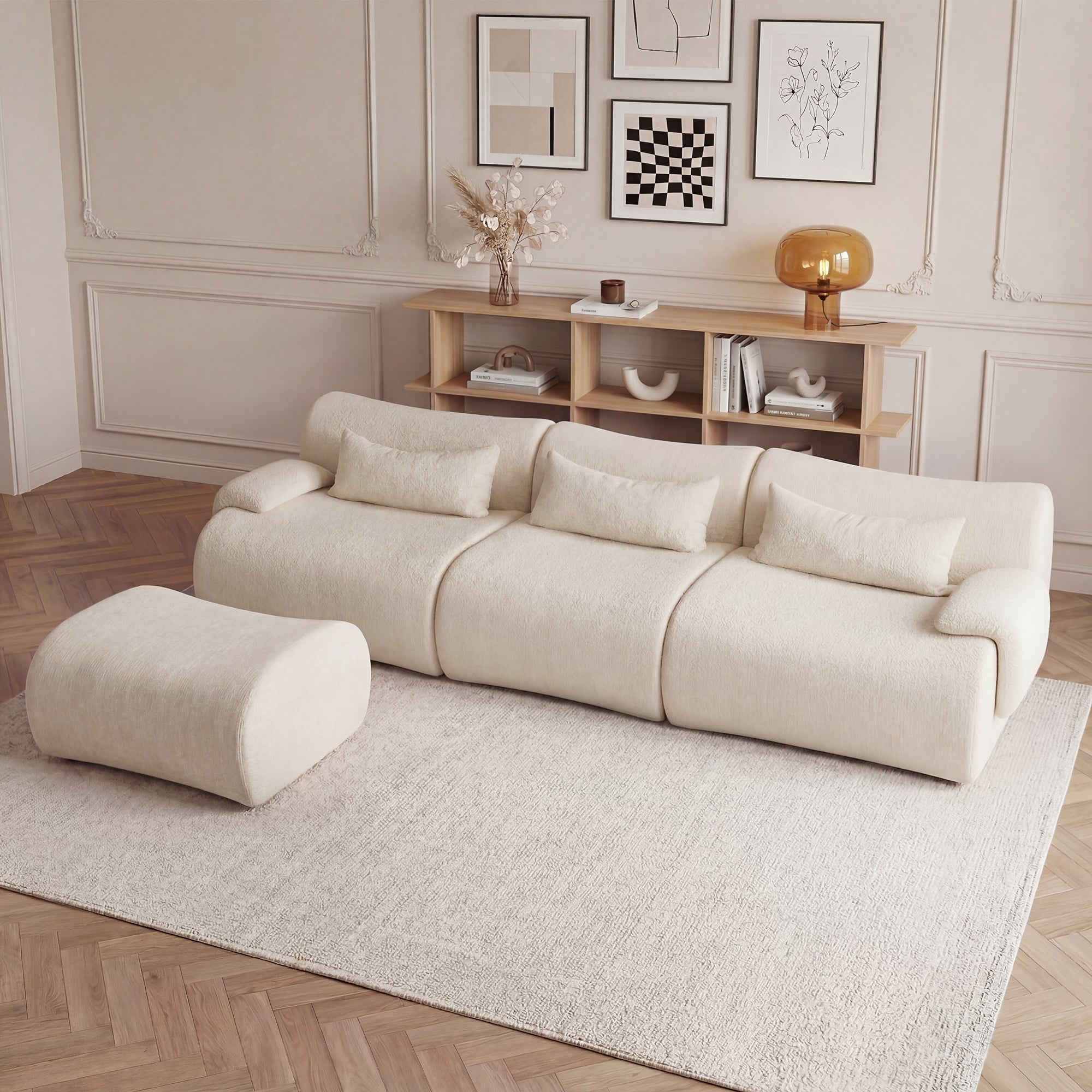 Sofa Curved White 3 Seat Anti-Slip 118 In No Assembly High-Density Foam