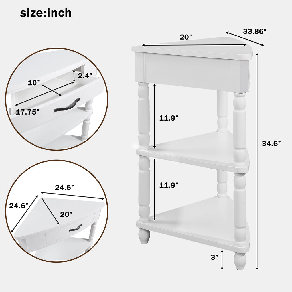 33.8 in Triangle Corner Table, 3-Tier Solid Wood Legs, Small Spaces, Milk White