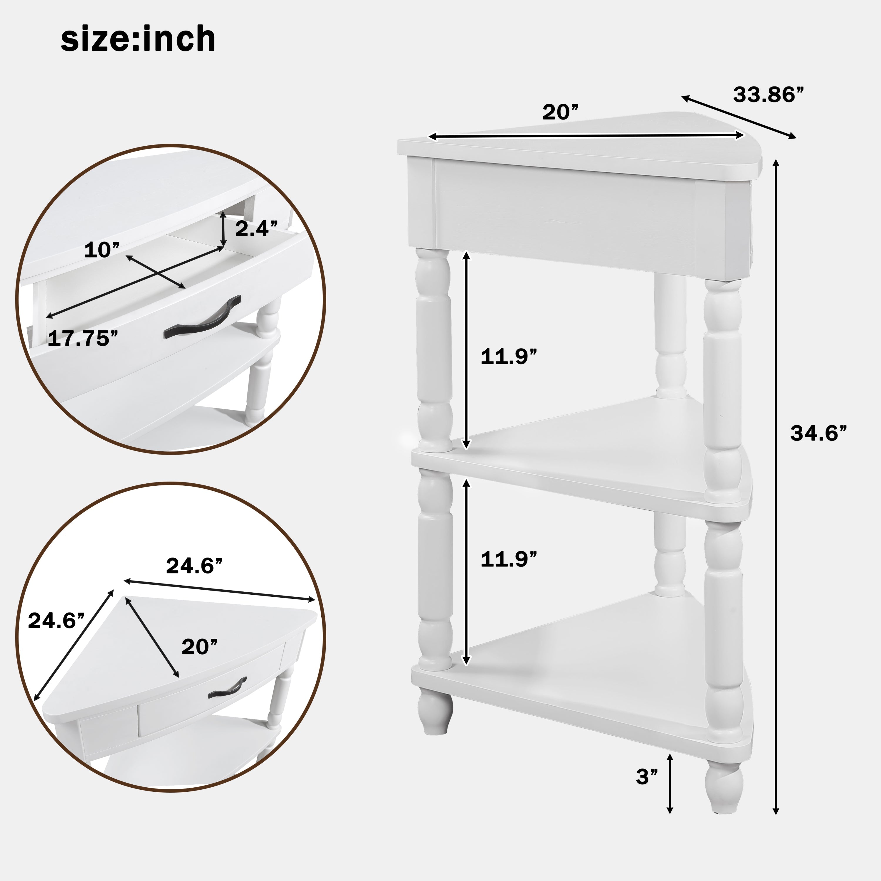 33.8 in Triangle Corner Table, 3-Tier Solid Wood Legs, Small Spaces, Milk White
