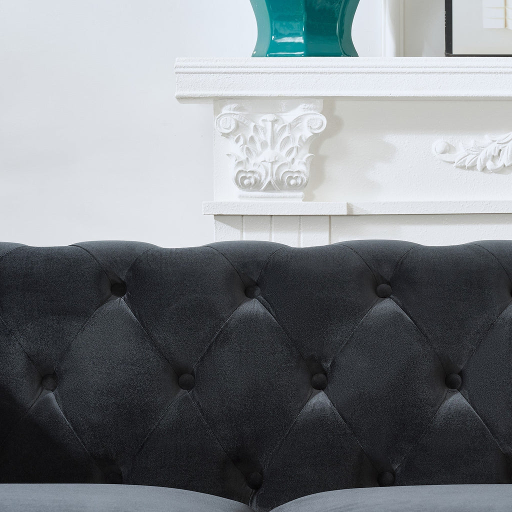 Loveseat Mid-Century Chesterfield Velvet Black 2 Seat Rolled Arms 67 In 450 LB