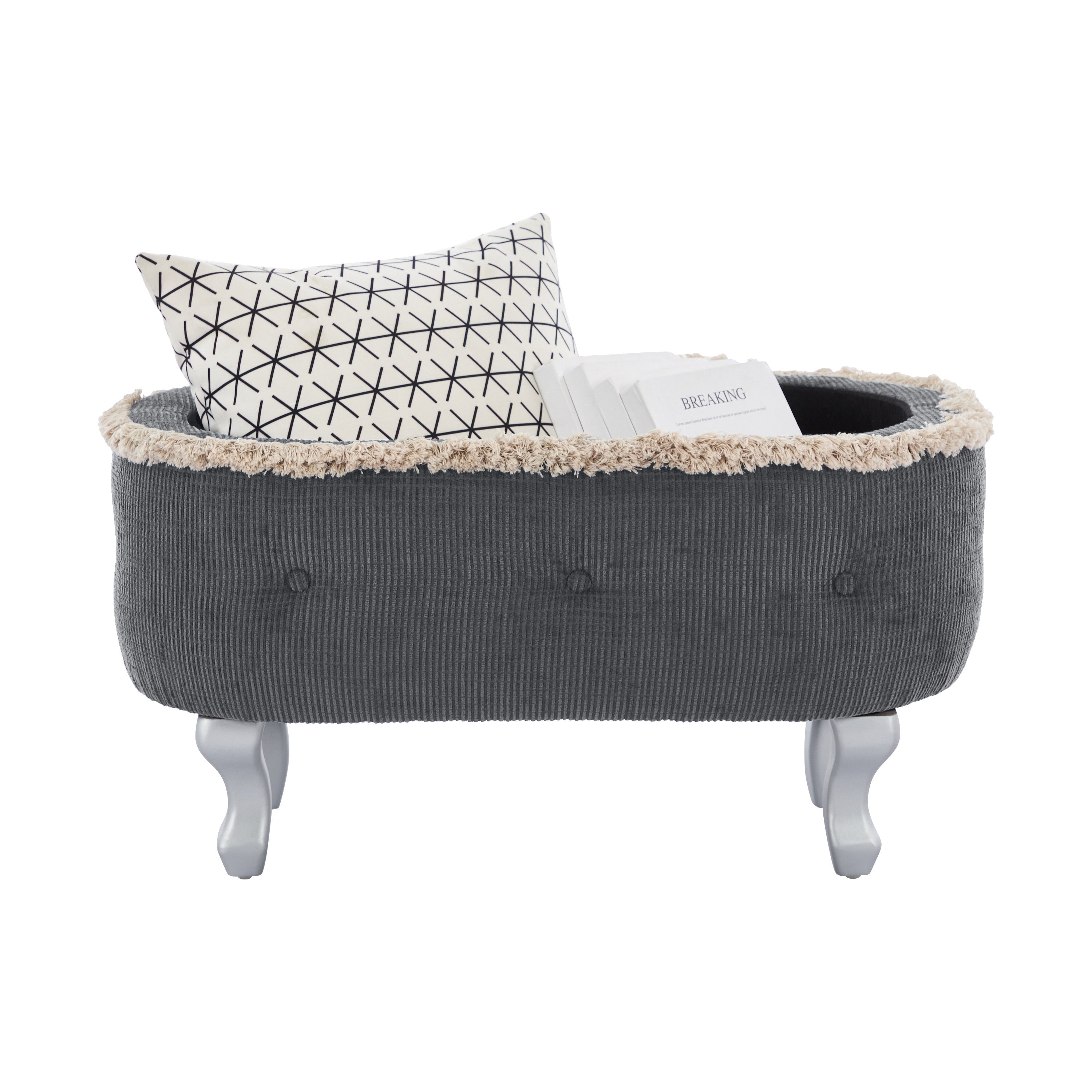 Storage Bench Tufted Gray Fabric Tassel Trim Flip Top 29.5x17.8x19 In