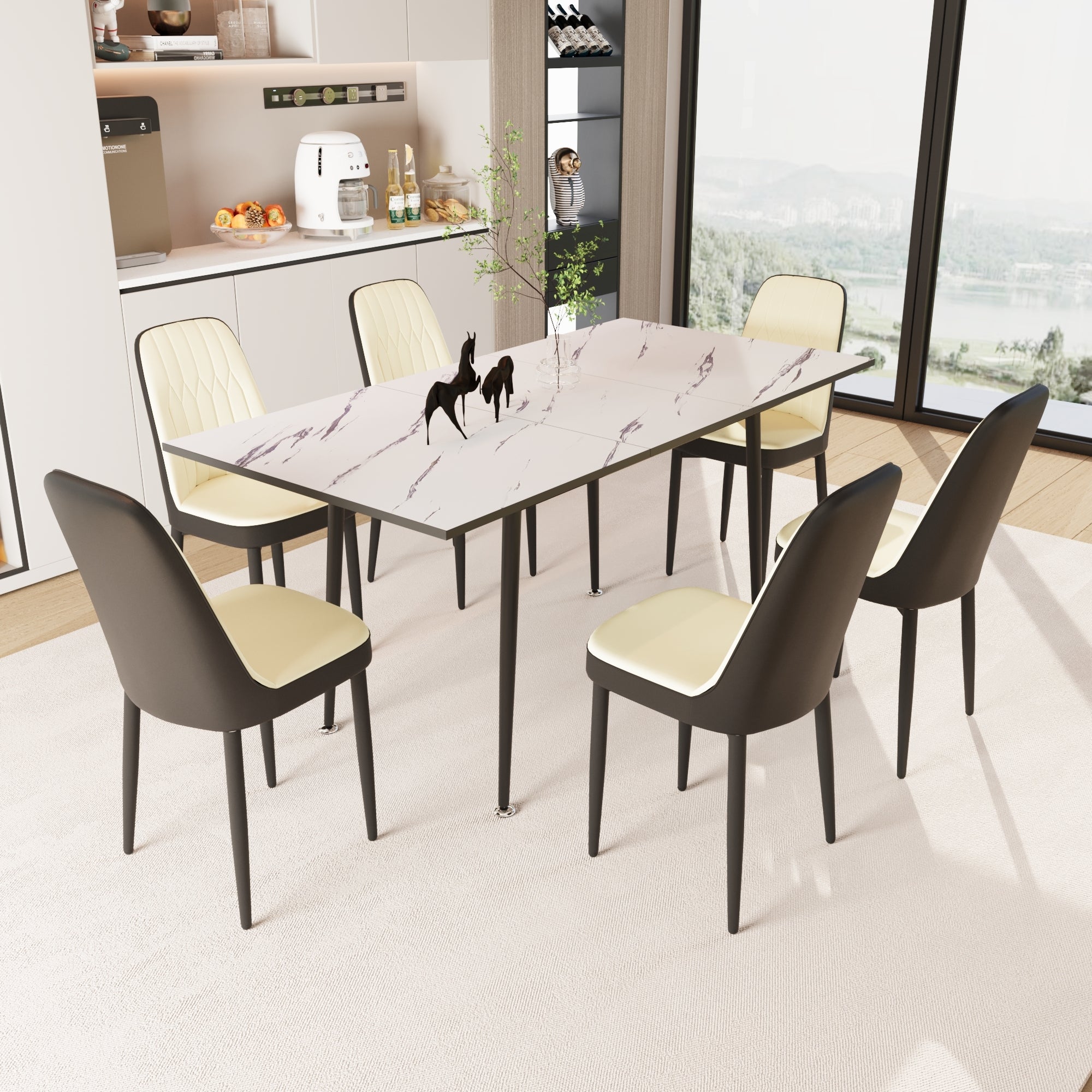 47'-63' expandable dining table set for 2-6 people, equipped with PU fabric
