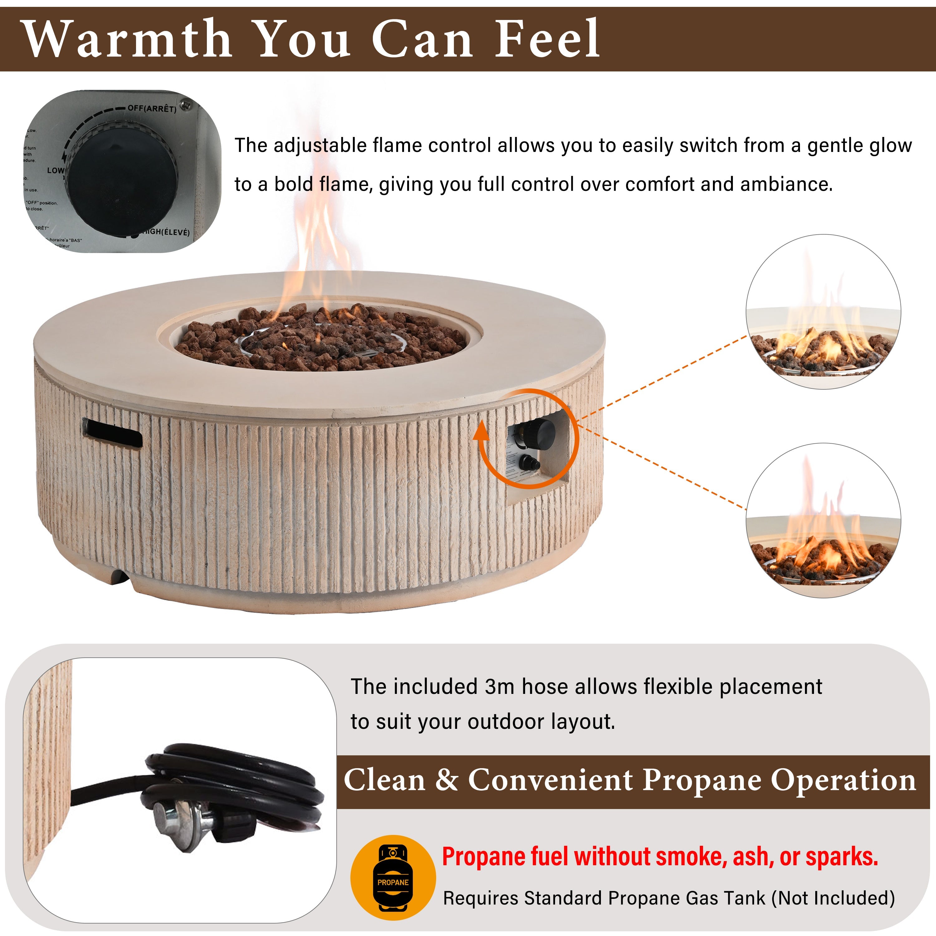 Fire Pit Propane Round MGO 50000 BTU with Tank Cover Table 38.19 In
