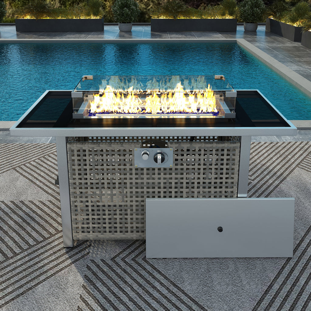 43 in Propane Gas Fire Pit Table 60,000 BTU Rectangular Open Weave Wicker, Grey