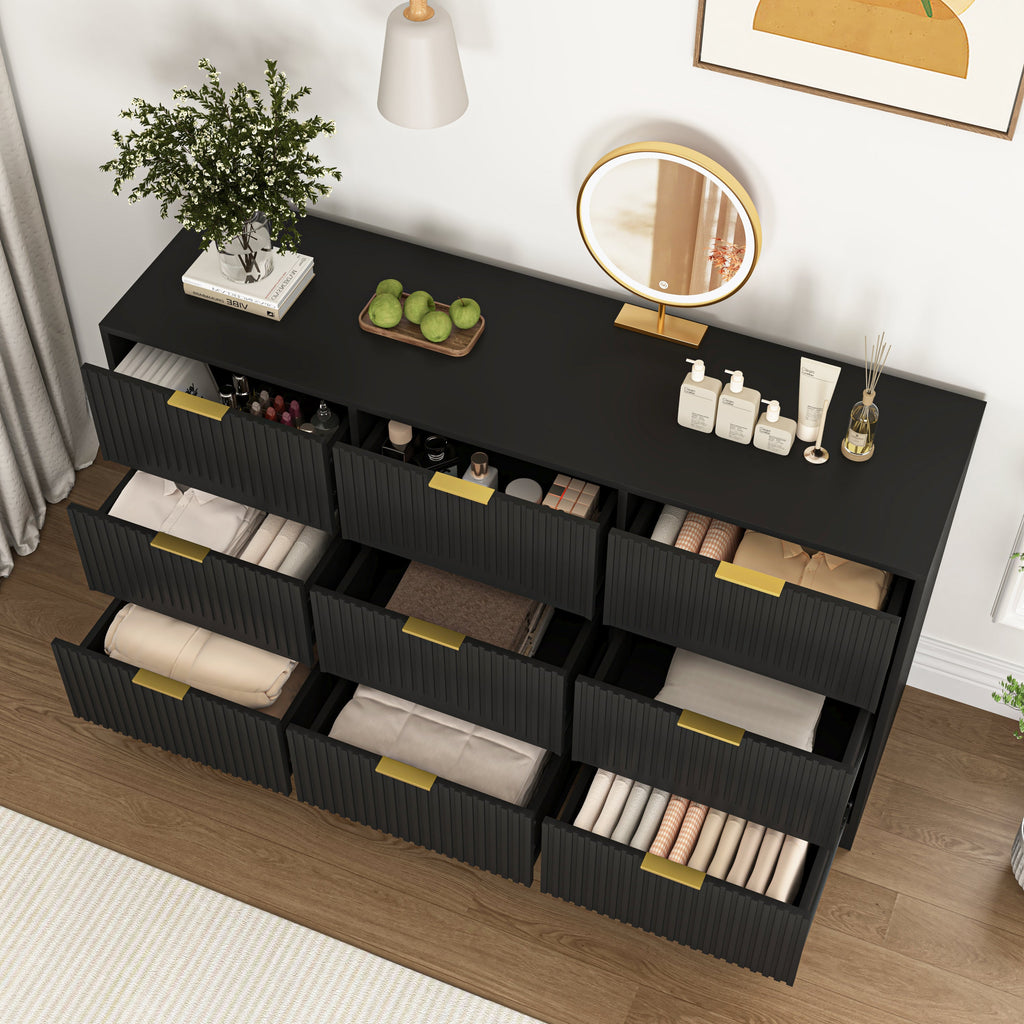 Dresser Classic 9-Drawer Black Particle Board Gold Handles 63x15.74 In