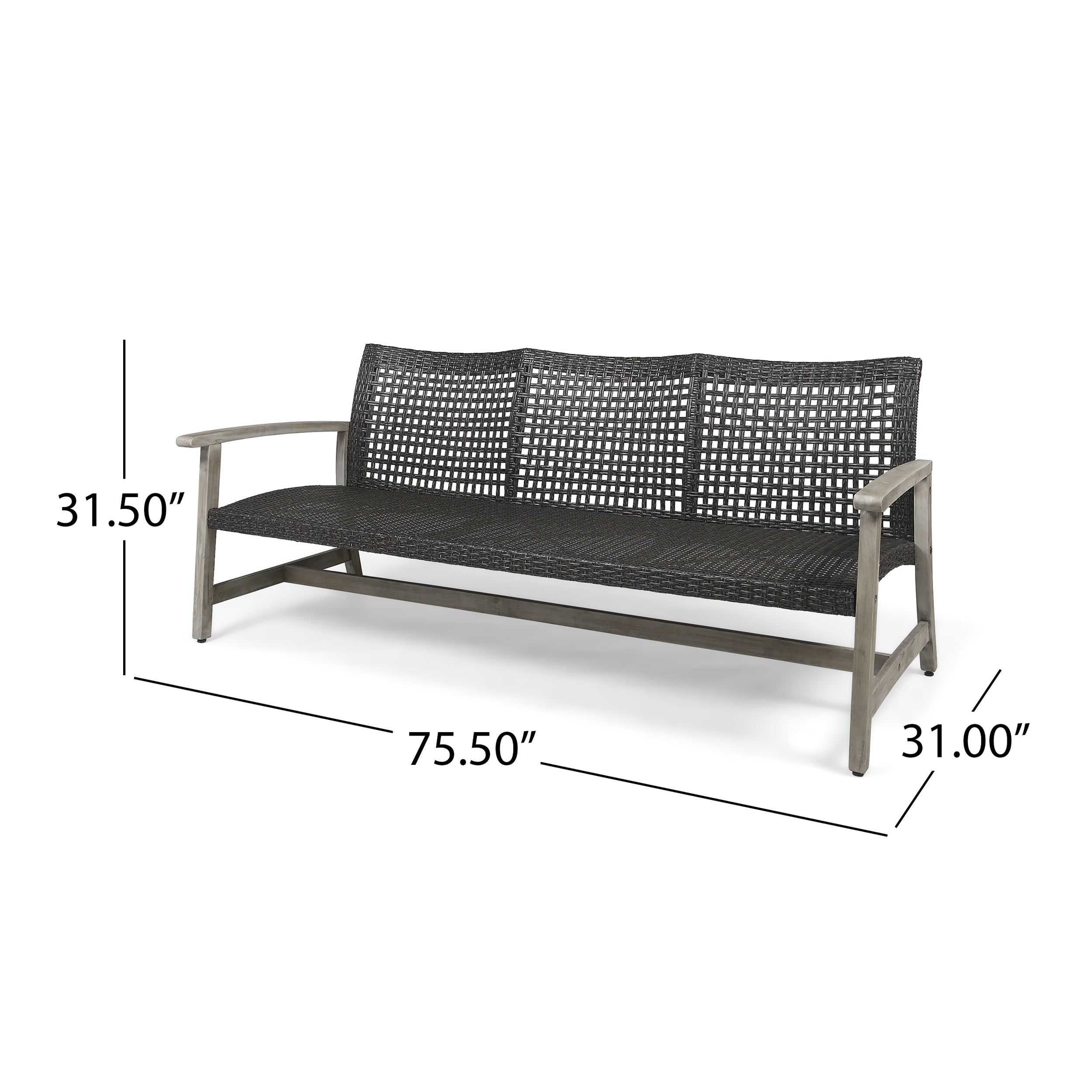 Outdoor Sofa Acacia Wood Wicker 3 Seater Gray 75.5in