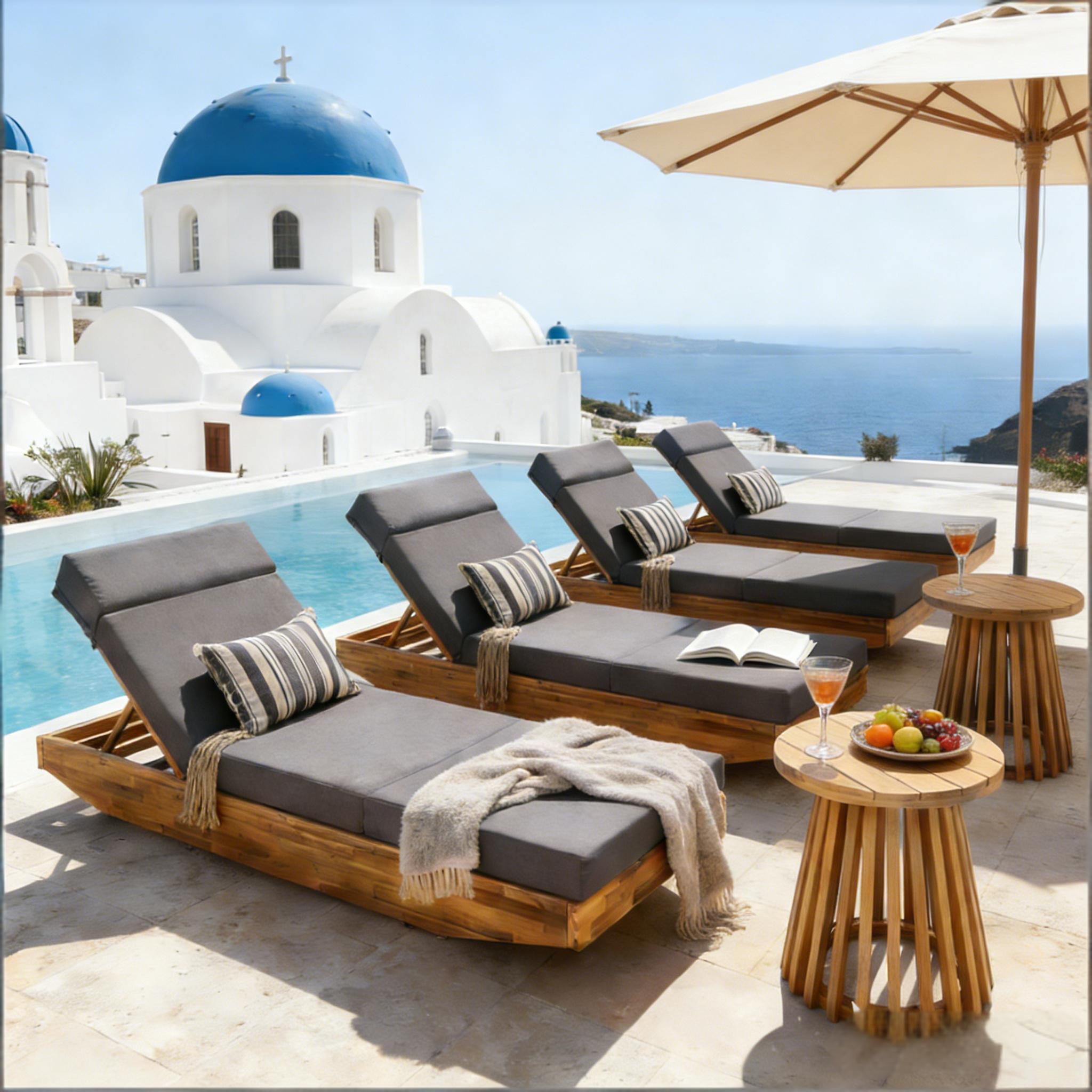 Outdoor Chaise Lounge Acacia Wood Teak Dark Gray Cushion Foldable 300 LB