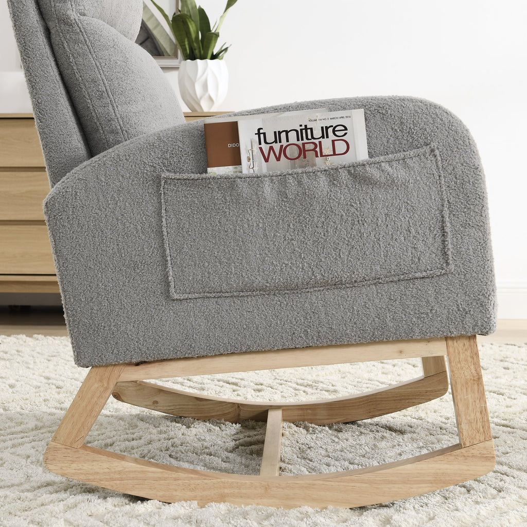 Gray Teddy Fabric Rocking Chair High Back Side Pockets 27.6