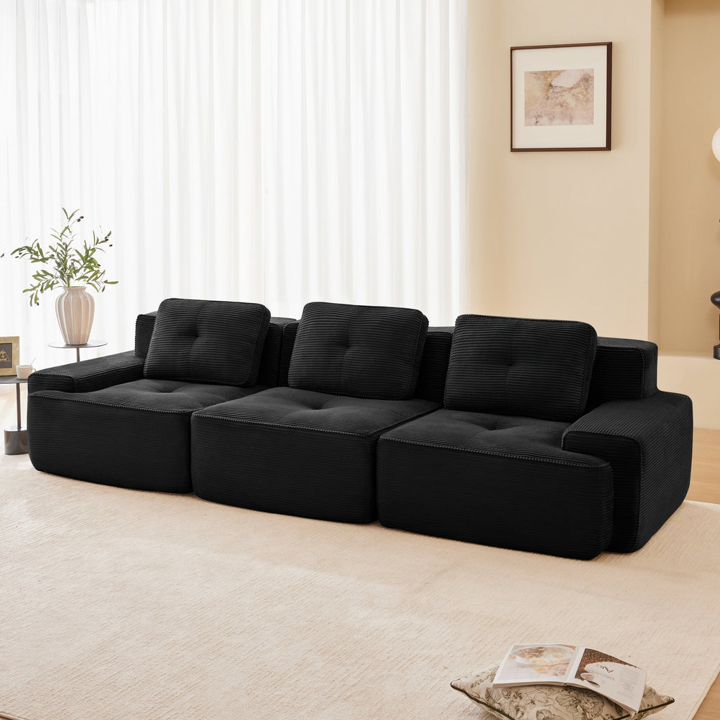 Sectional Sofa Modular Corduroy Black 3 Seat Tufted No Assembly