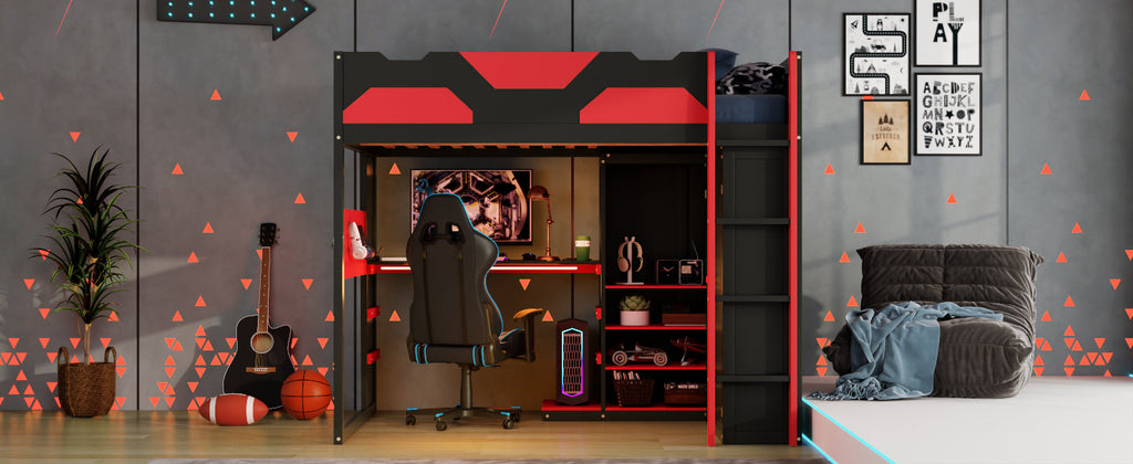 Full Size Wood Loft Bed with Desk, Multi-storage Shelves,USB and RGB Light, Red