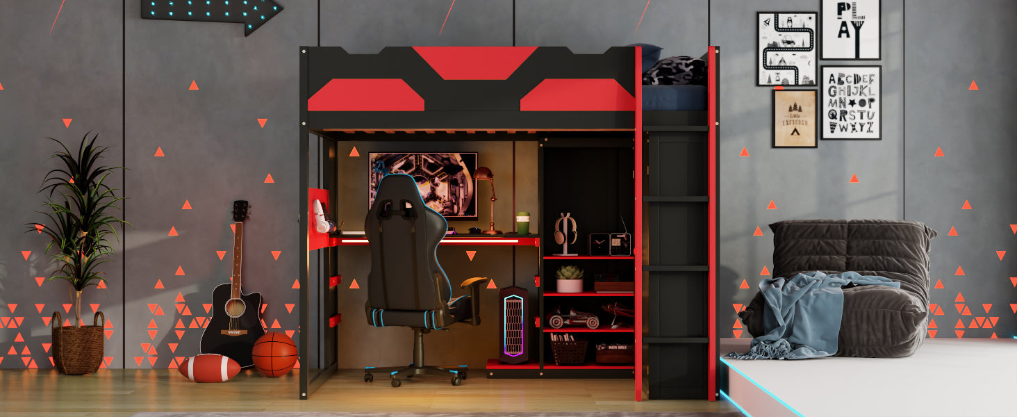 Full Size Wood Loft Bed with Desk, Multi-storage Shelves,USB and RGB Light, Red