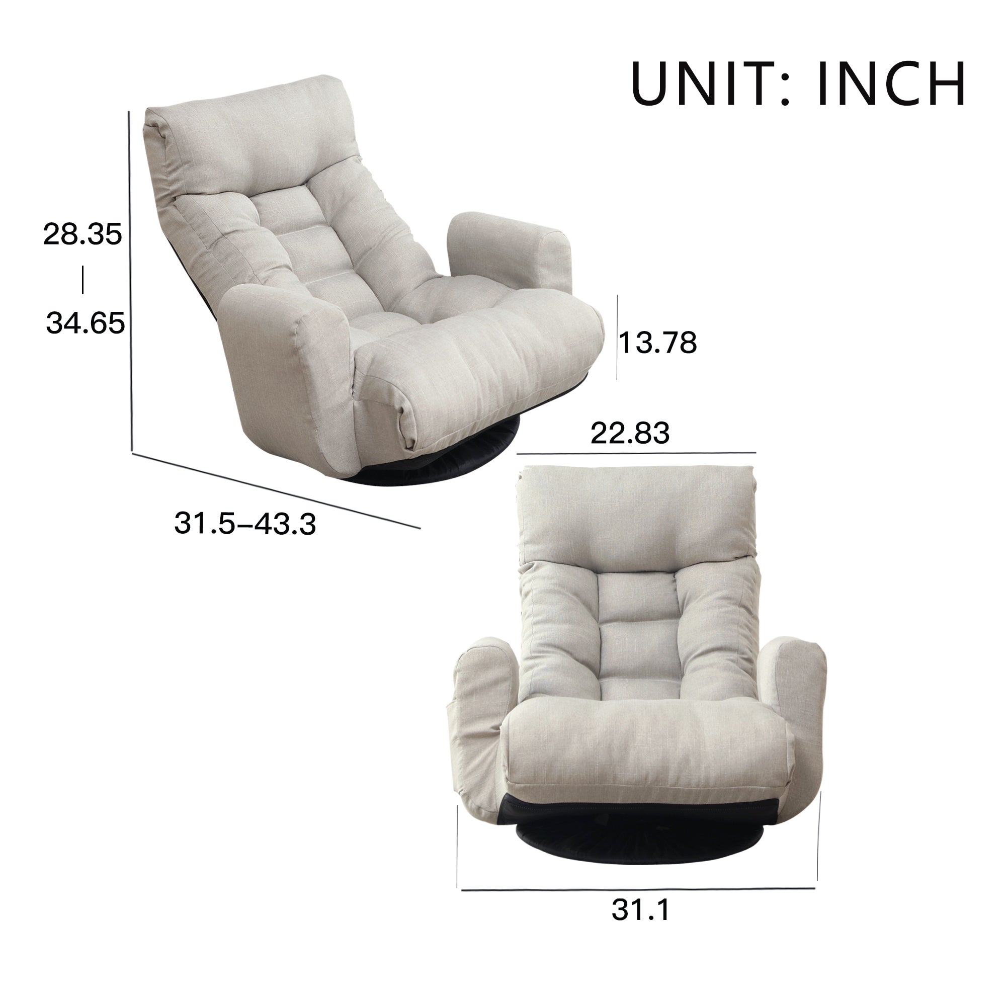 Floor Gaming Lounge Chair Swivel 360 Linen Gray 5-Position Adjustable 31x43 In