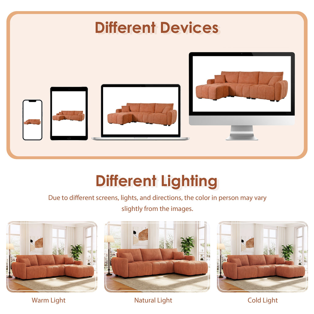 Sectional Sofa L-Shape Boucle Orange 4 Seat Ottoman 110 In
