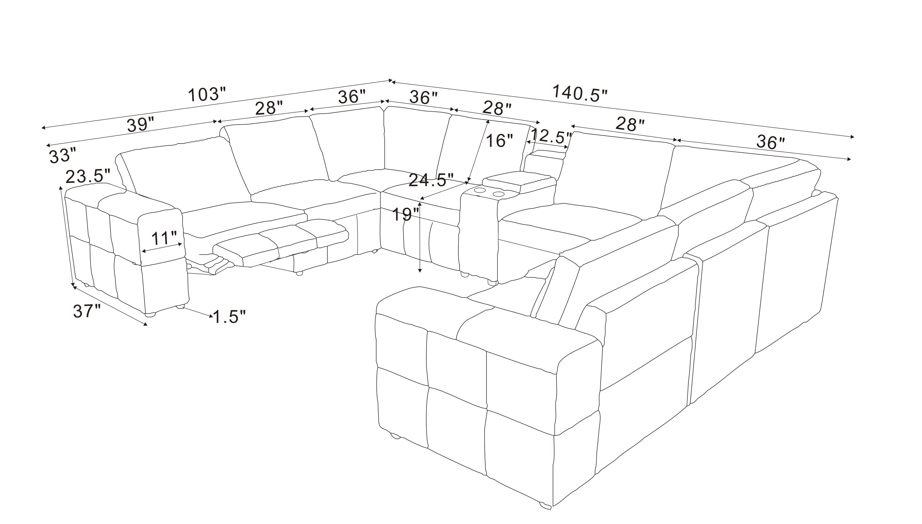 Sectional Sofa Modular Leather Match Ginger 8 Seat 2 Recliners 140 In