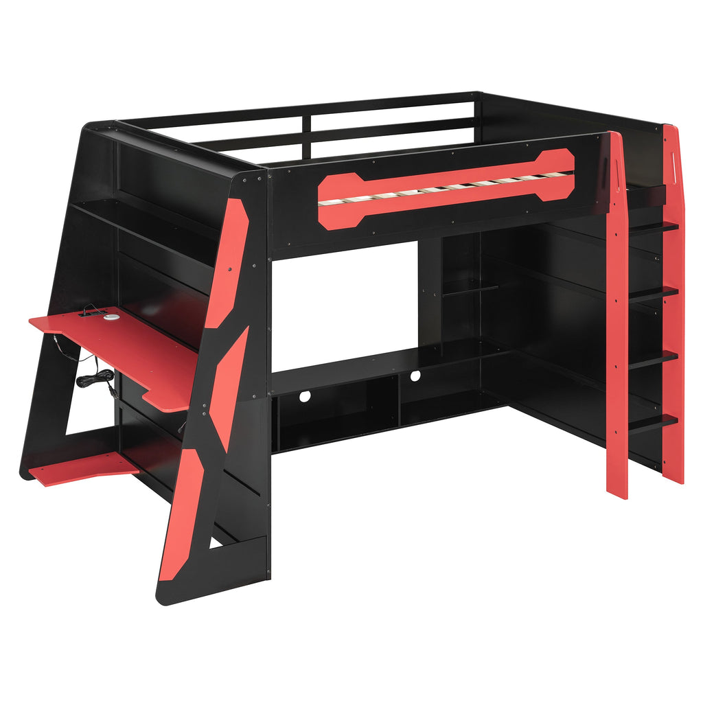 Full Size Wood Loft Bed with Desk, Multi-storage Shelves and RGB Light, Red