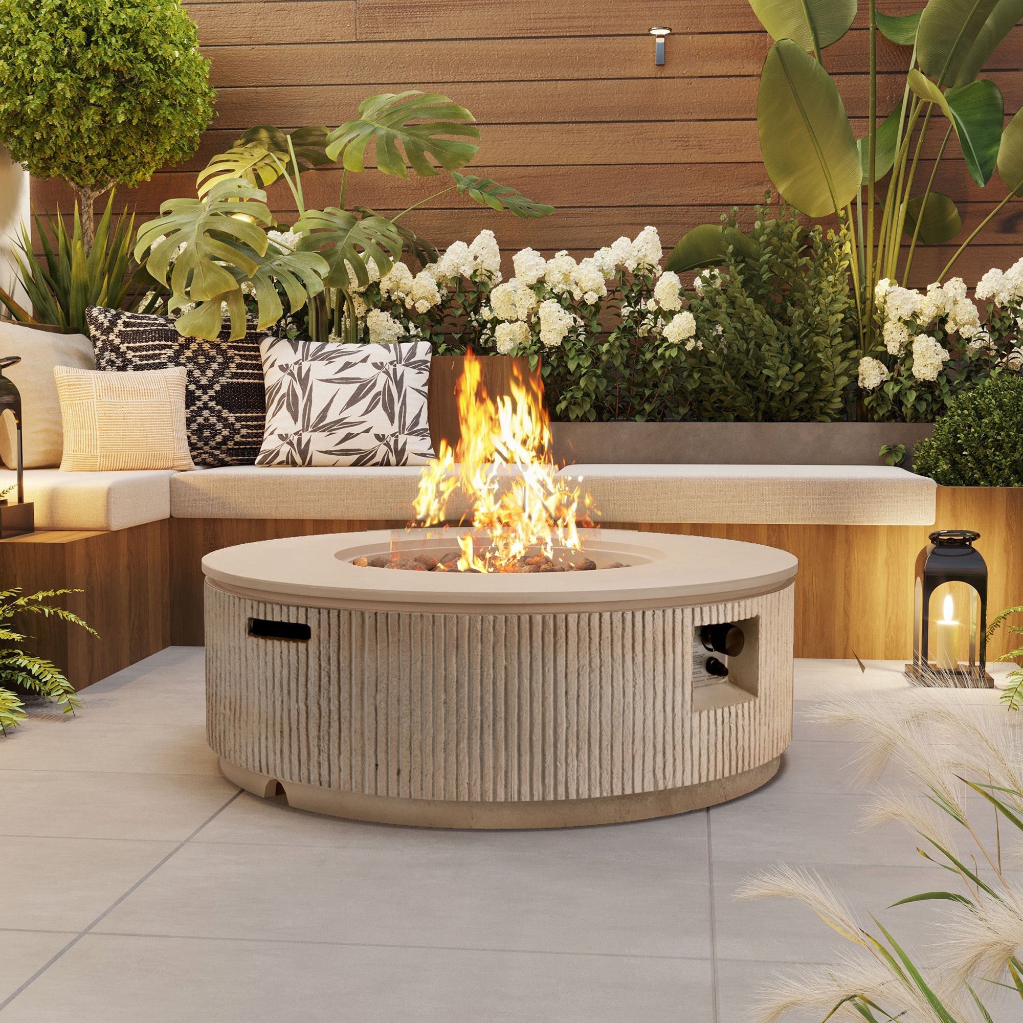 Fire Pit Propane Round MGO 50000 BTU with Tank Cover Table 38.19 In