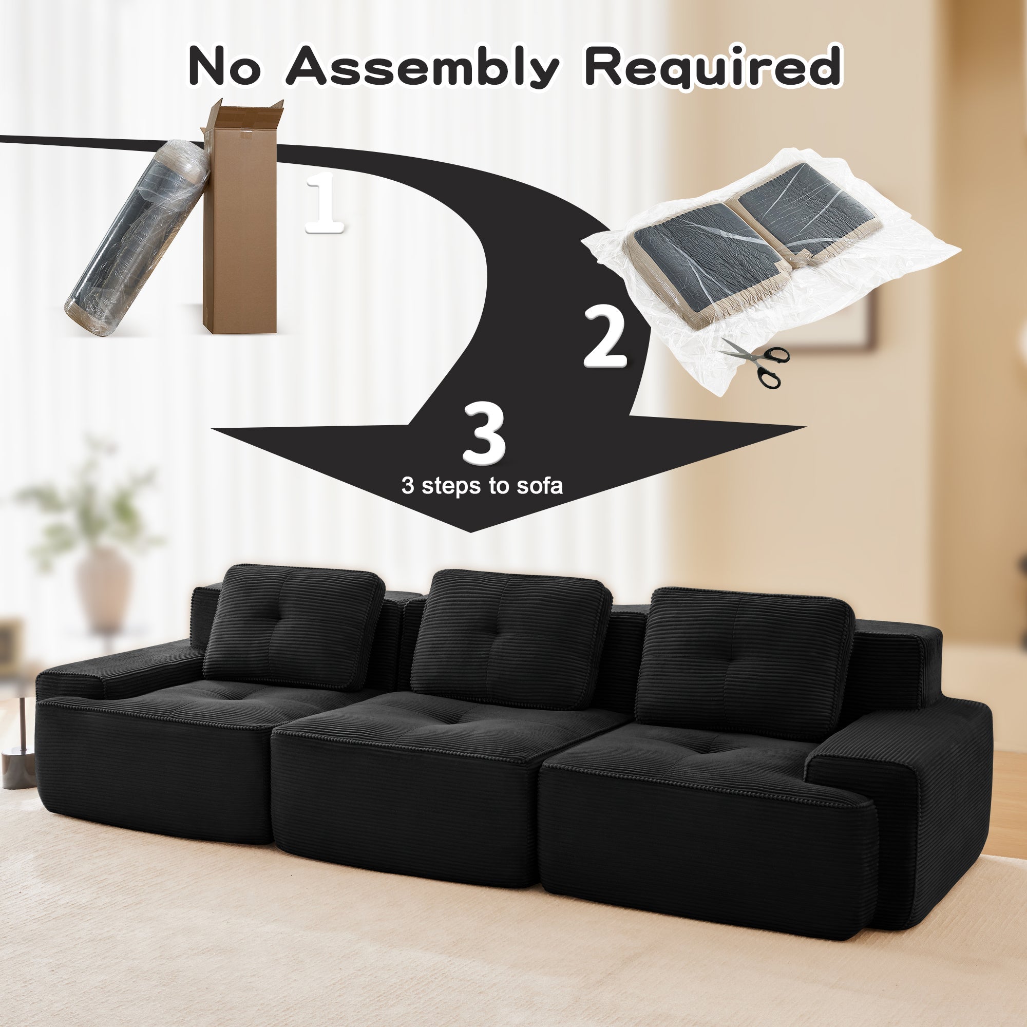 Sectional Sofa Modular Corduroy Black 3 Seat Tufted No Assembly