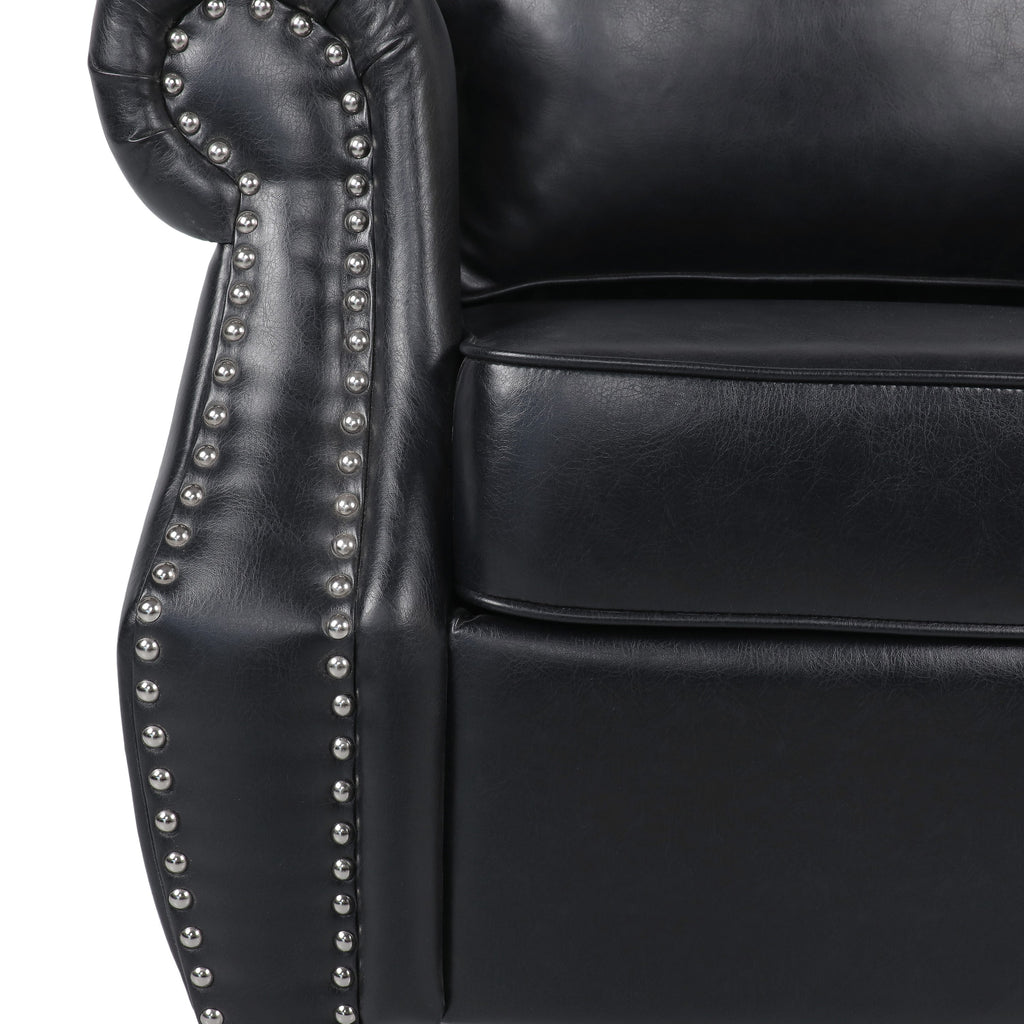 Club Chair Contemporary PU Leather Black Rolled Arms Nailhead Trim 37 In
