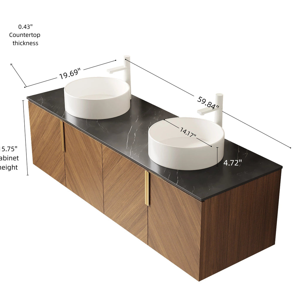 60' Bathroom Vanity with Sinks, Floating Wall-Mounted Plywood 4 Doors Black Stone Top