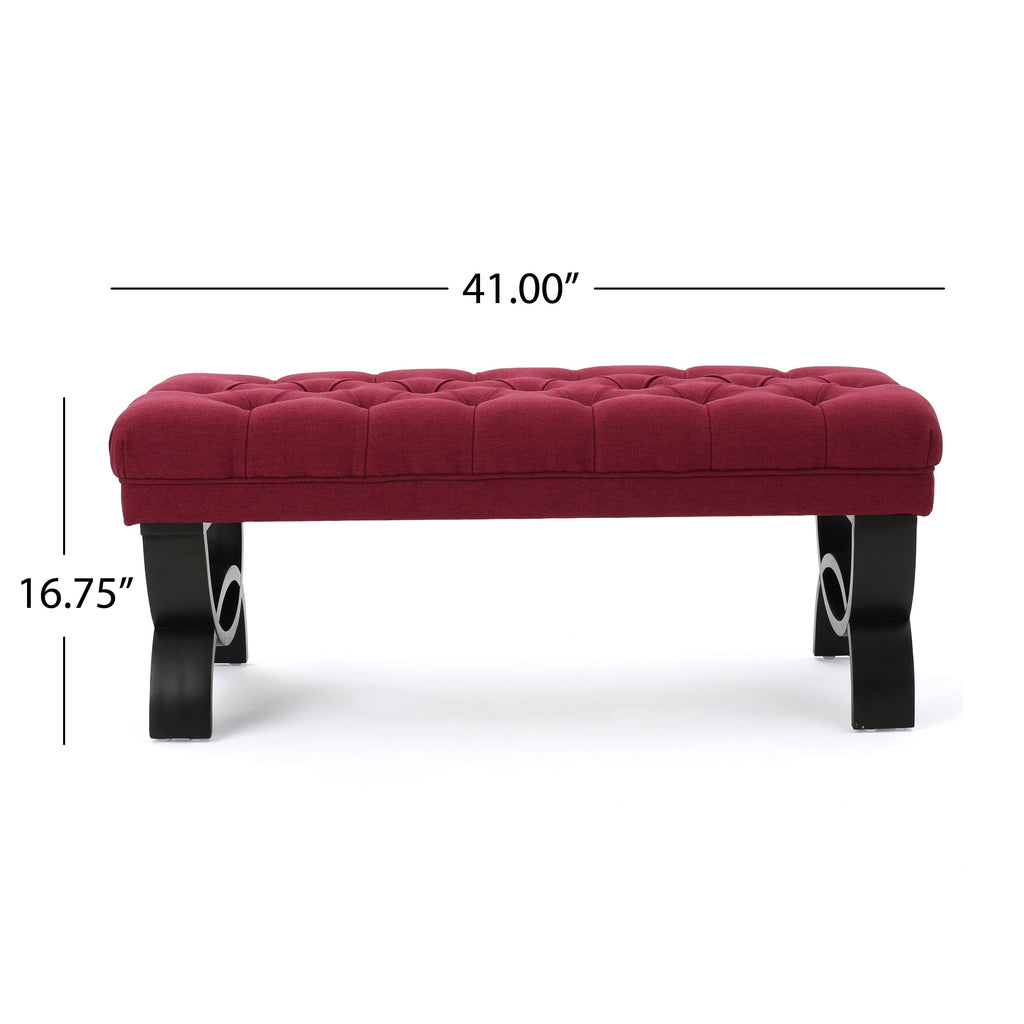 Ottoman Bench Button Tufting Half-Circle Legs, Red Fabric, 41x17x16.75
