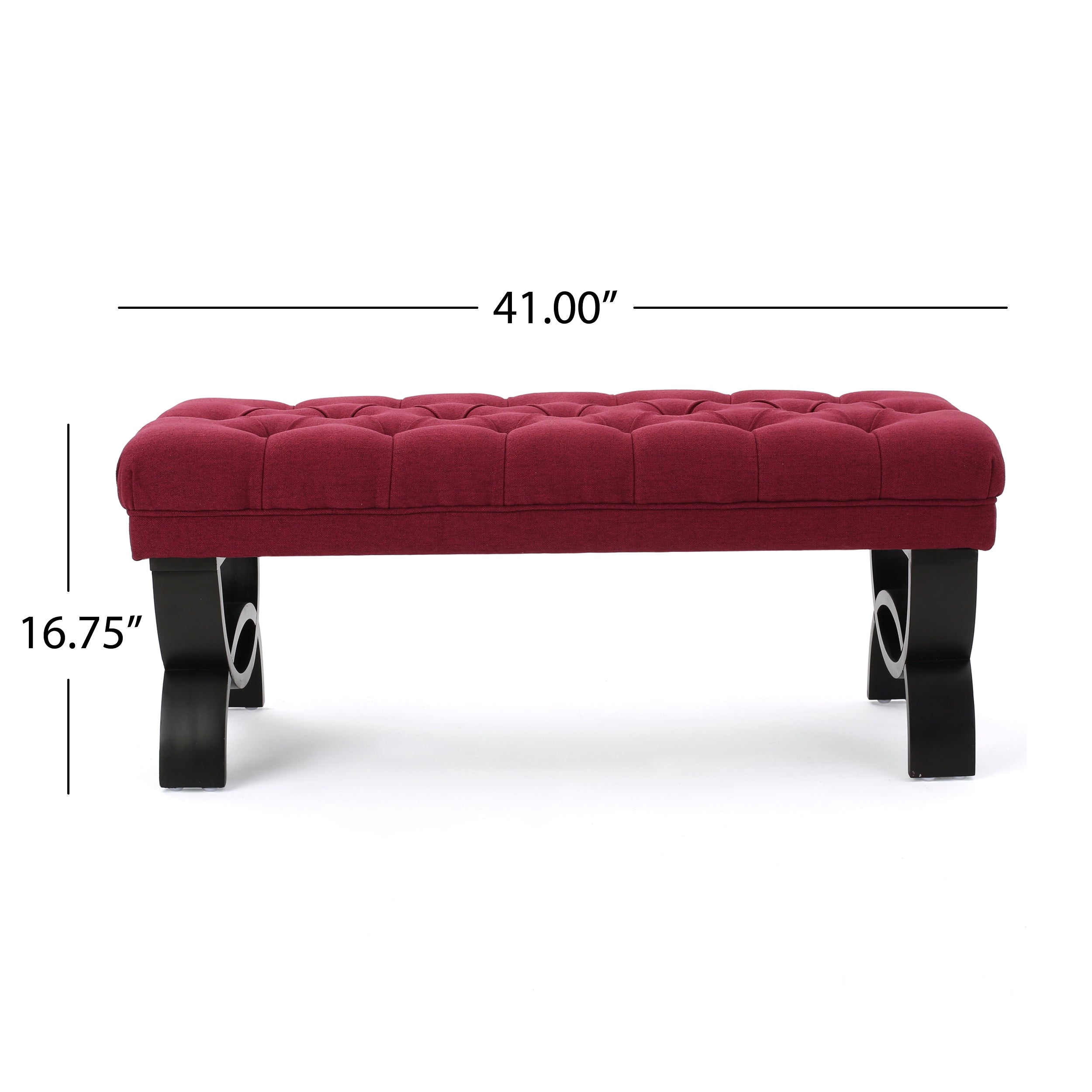 Ottoman Bench Button Tufting Half-Circle Legs, Red Fabric, 41x17x16.75