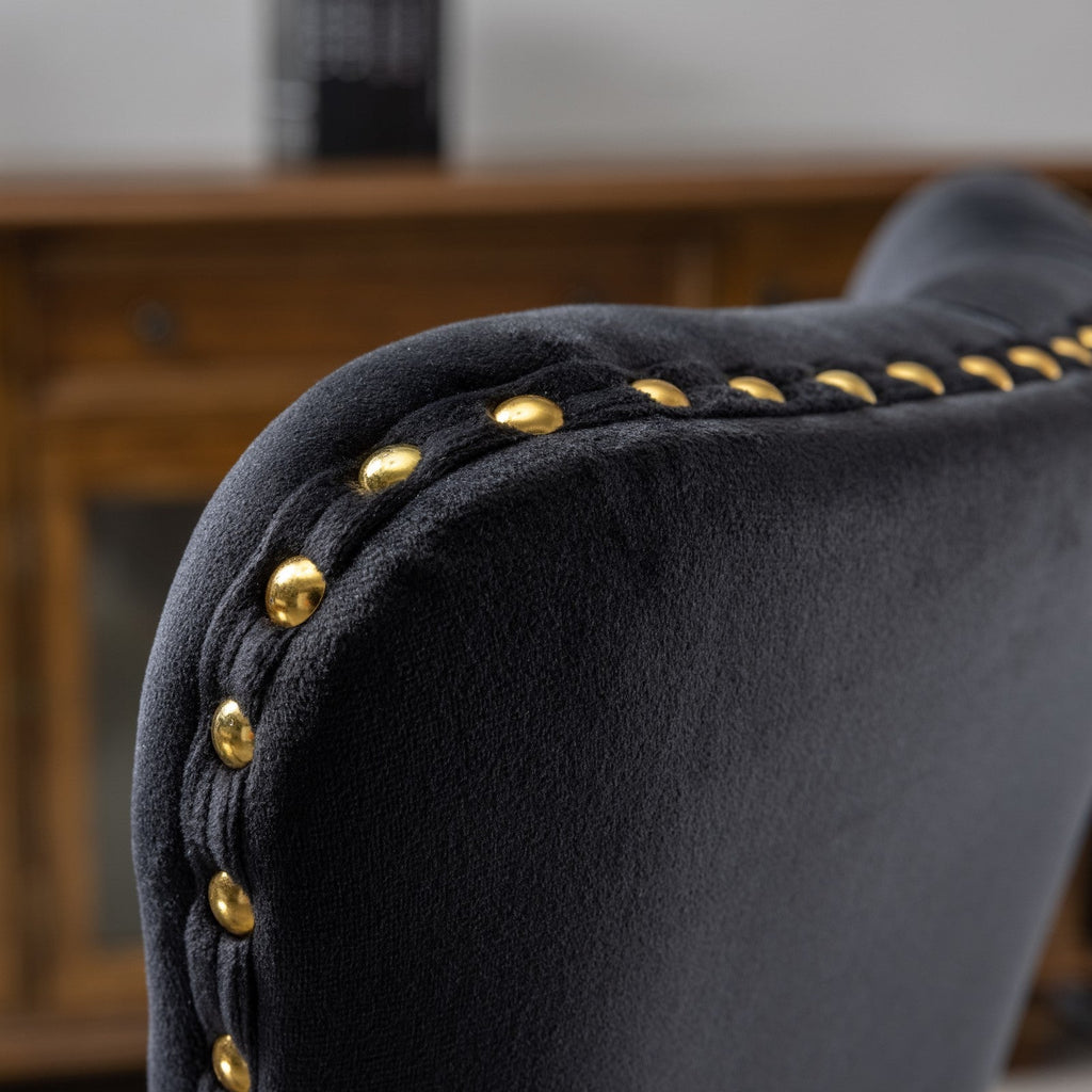 Swivel Office Chair Velvet Black Tufted Button Gold Metal Base 24.8x38.6 In
