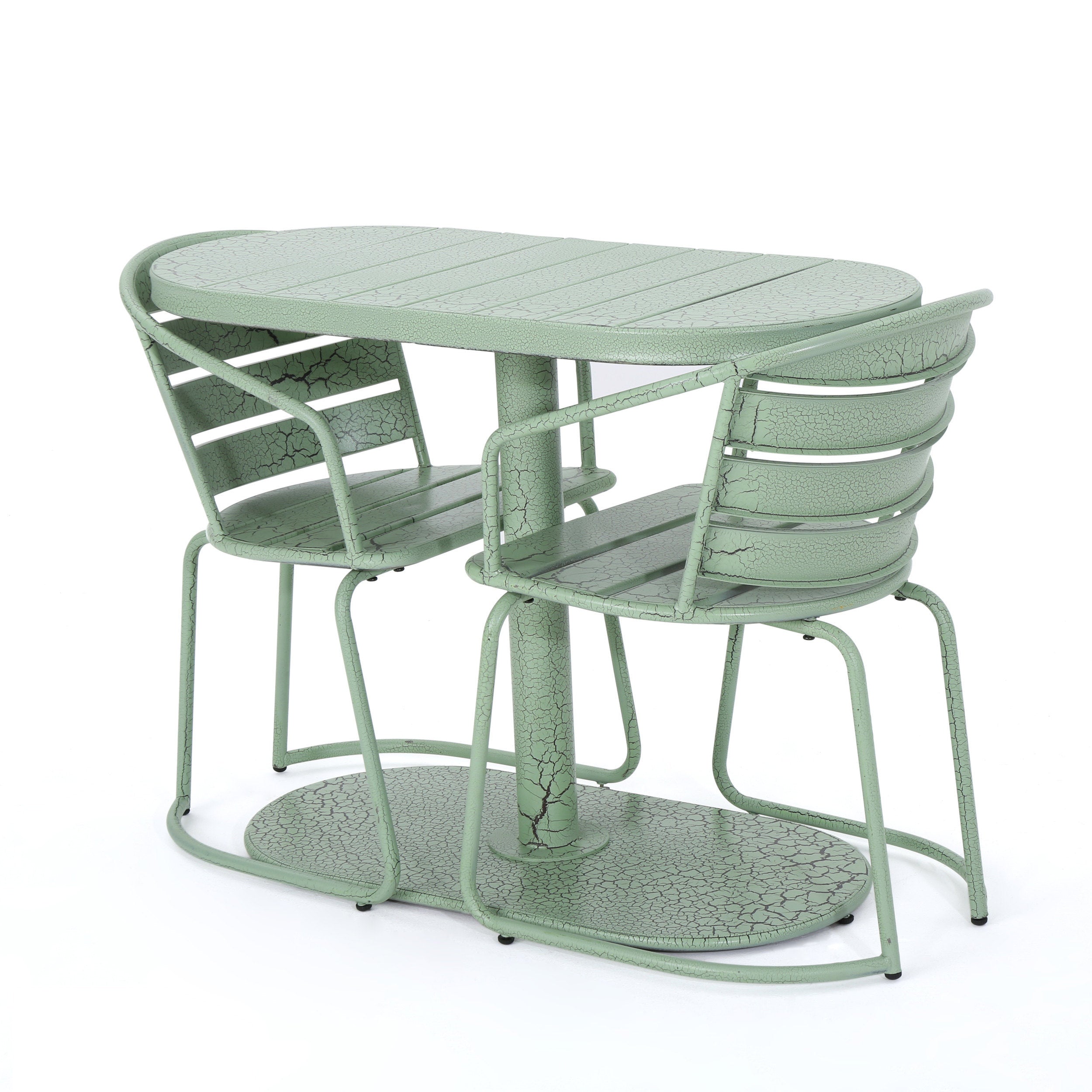Outdoor Bistro Set Iron Green 3 Piece Oval Table 2 Chairs Matte Finish