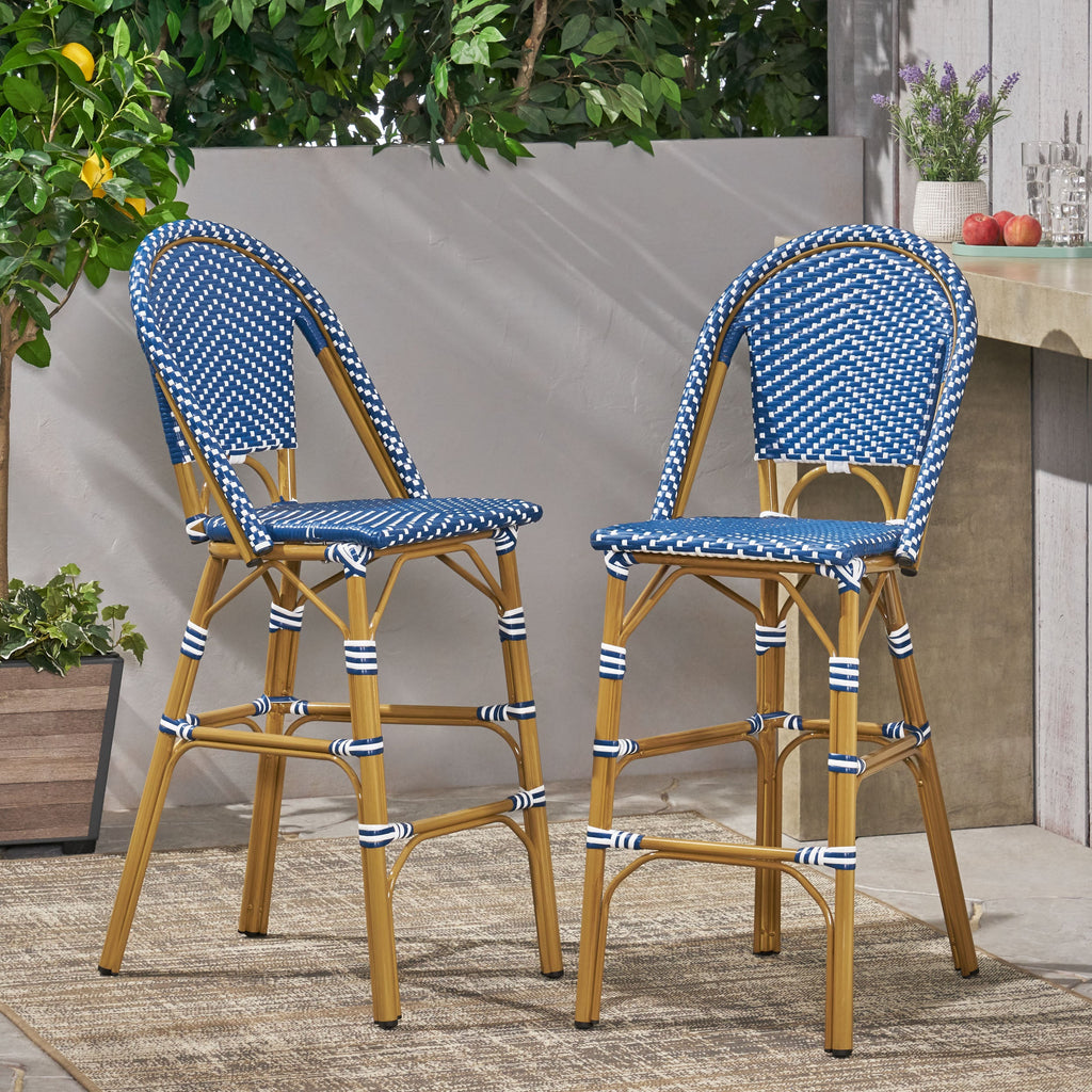 Outdoor PE Rattan French Barstool Set, Dark Teal and White, Aluminum Frame,