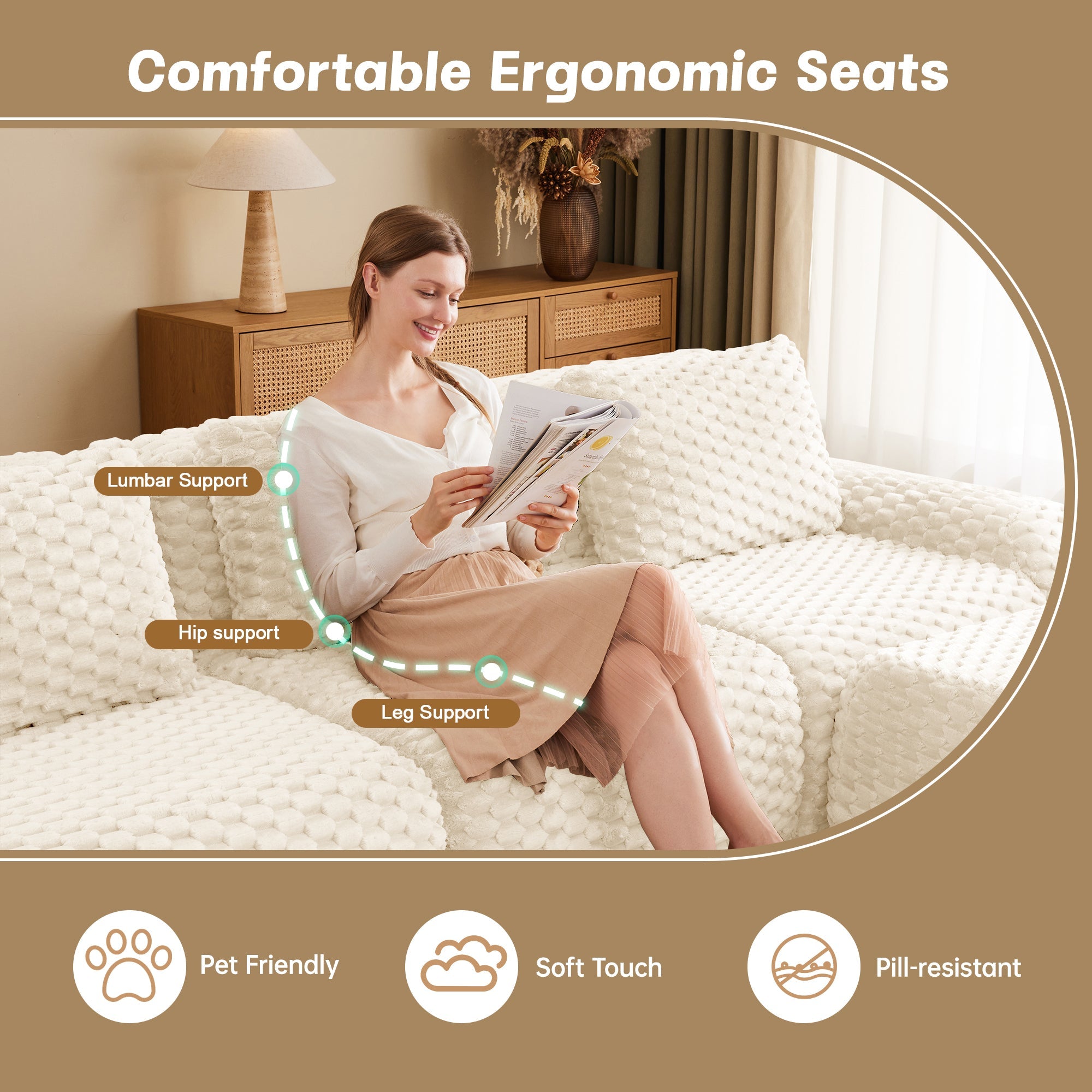 Sectional loveseat L-Shape Flannelette Cream 2 Seat with Ottoman 82 In