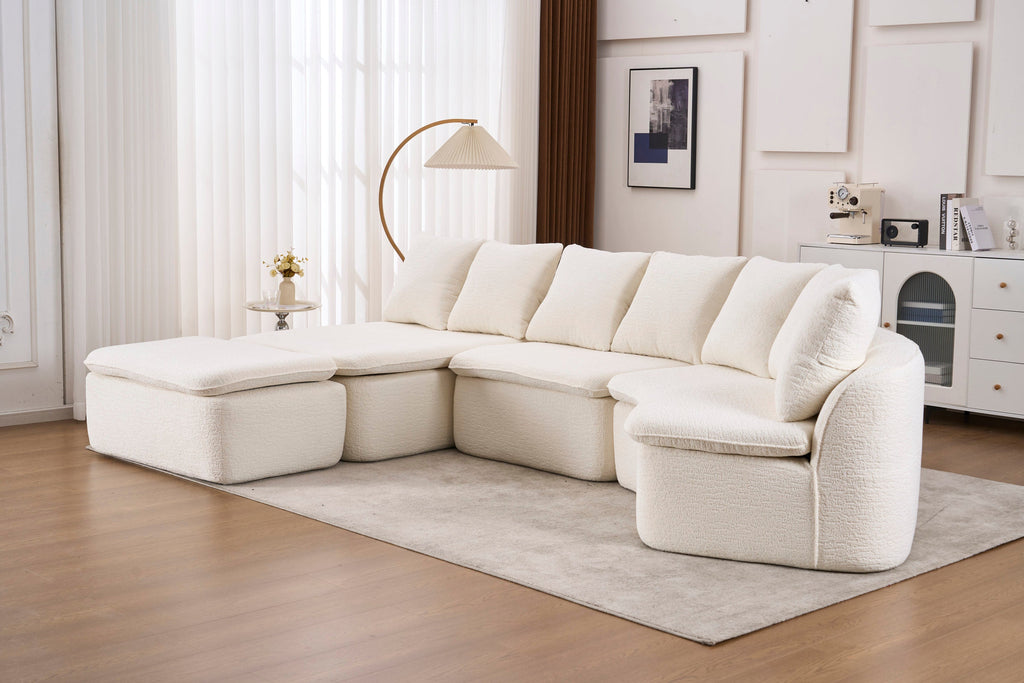 Sectional Sofa U-Shape Chenille Milk White 10 Seat Modular 128 In