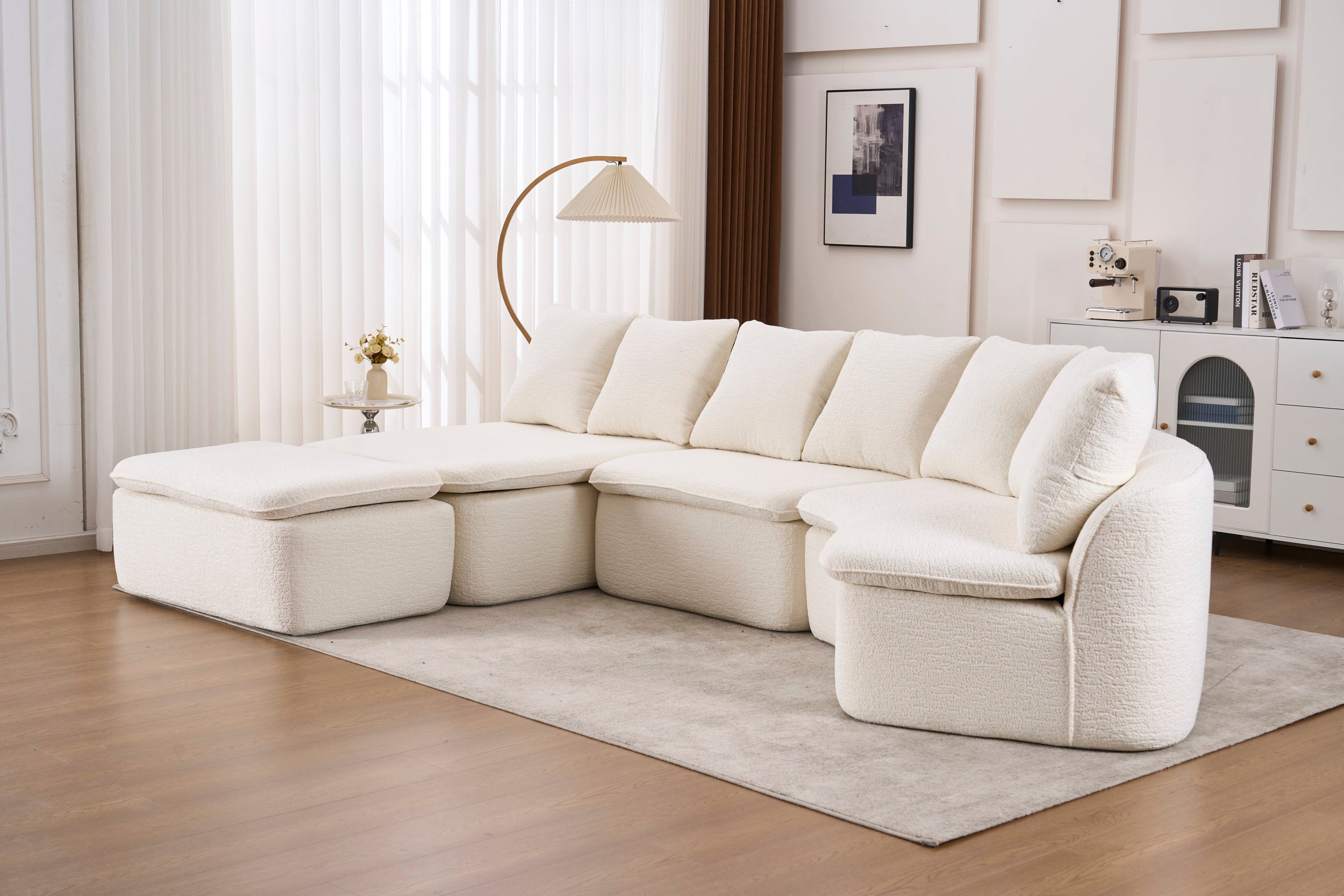 Sectional Sofa U-Shape Chenille Milk White 10 Seat Modular 128 In