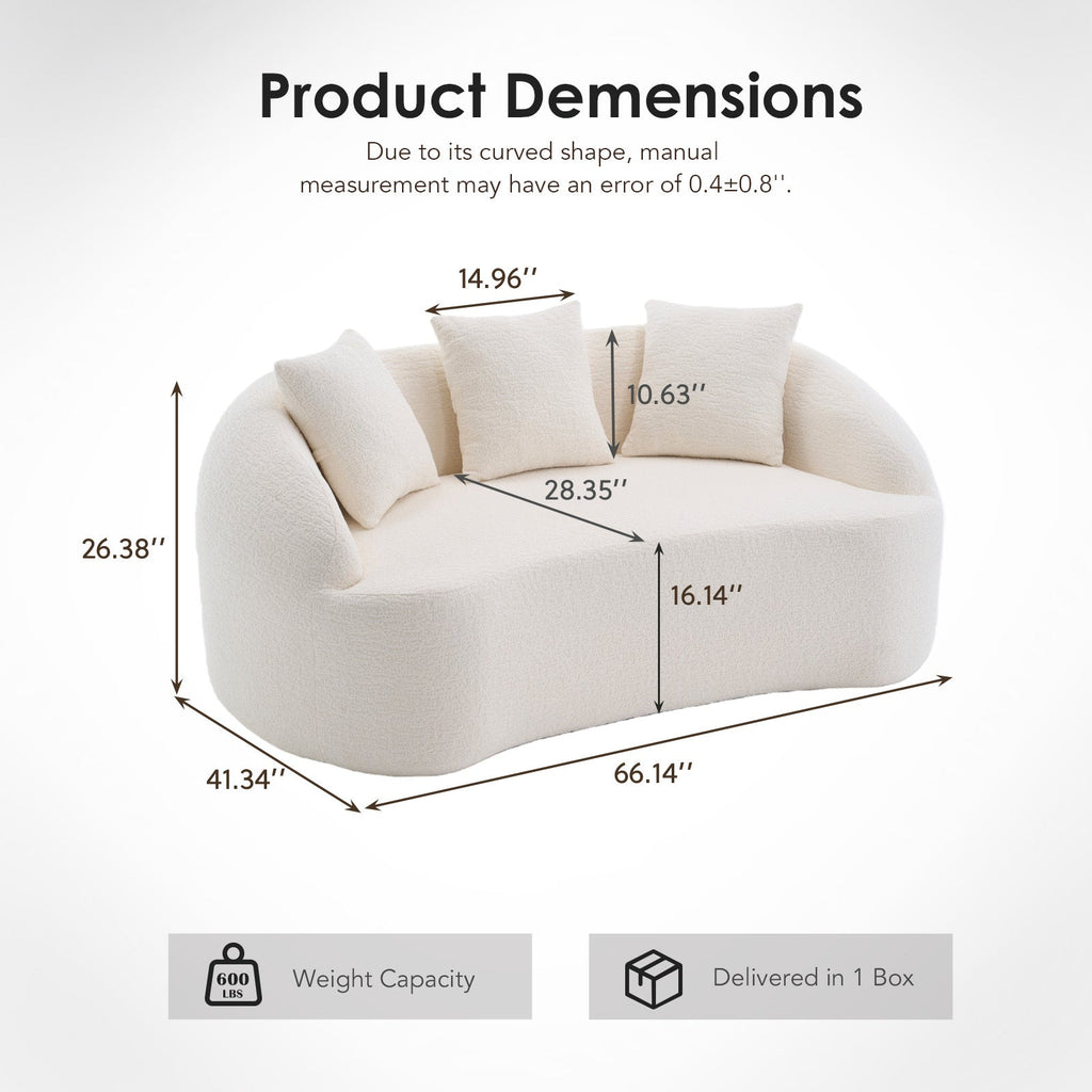 Loveseat Curved Modern Chenille Off-White 2 Seat 3 Pillows 65 In
