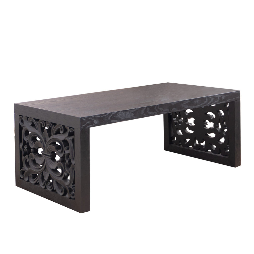 47.2 in Solid Black Carved Wood Coffee Table, Handcrafted Ornate Side Panels