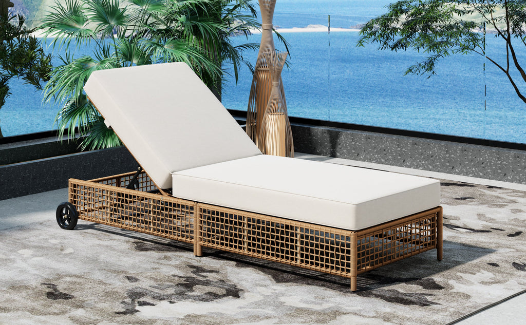 Outdoor Lounge Chair, 5-Position Adjustable Rattan Chaise with Cushion and