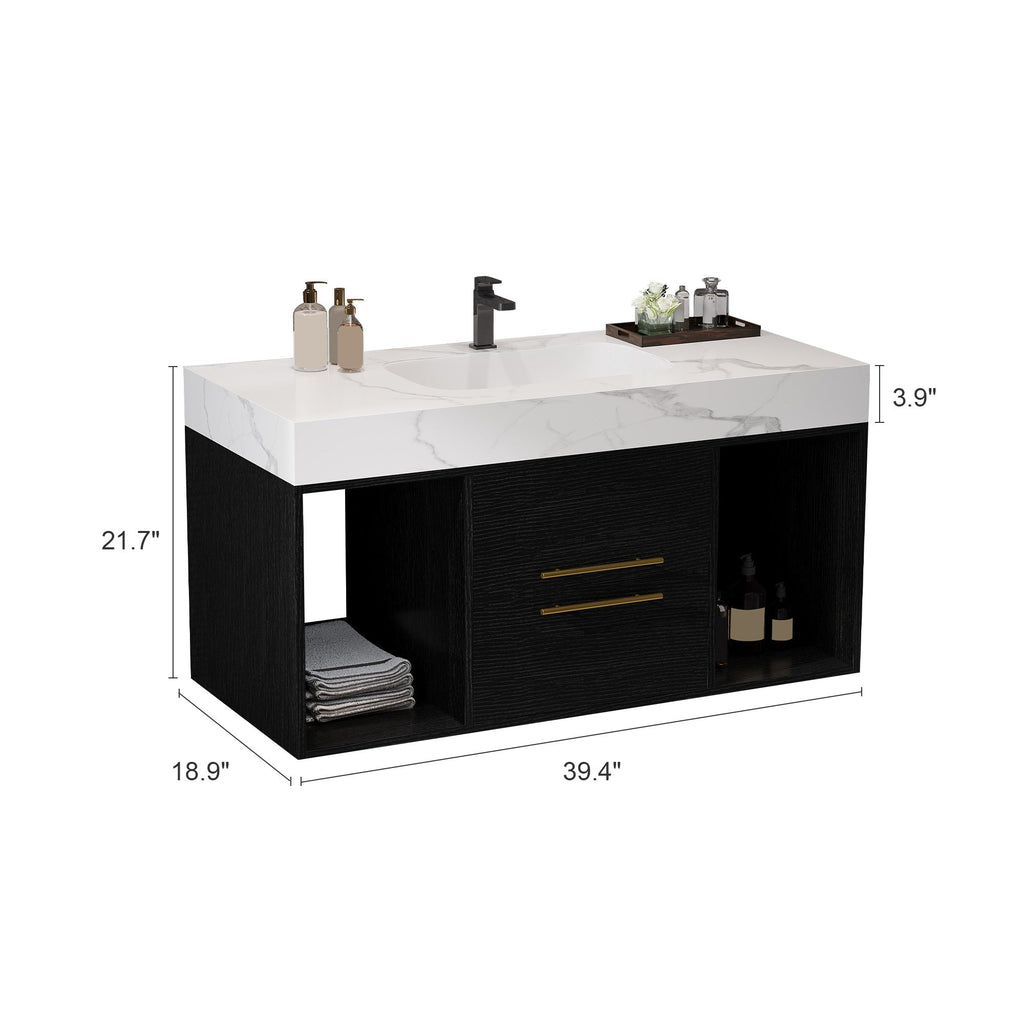 39.4' Floating Bathroom Vanity with Ceramic Sink, 2 Drawers and 2 Open Shelves