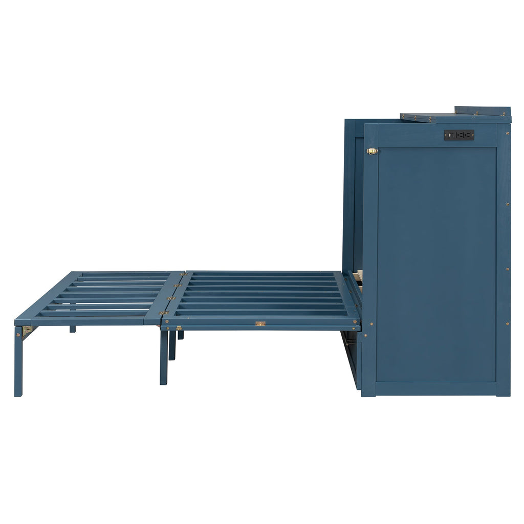 Queen Size Murphy Bed Wall Bed with Drawer and Sockets and USB Ports, Navy Blue