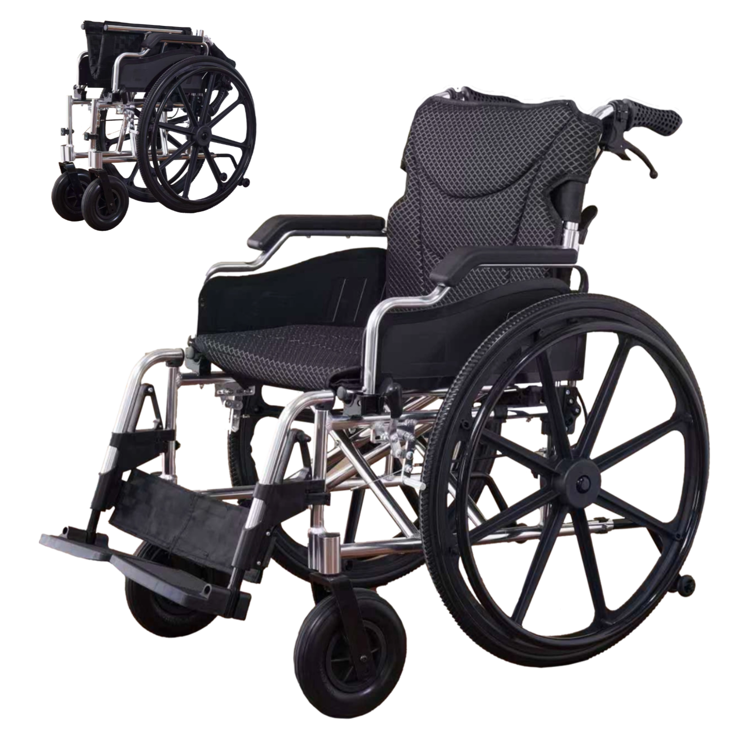 Wheelchair Manual Transport Folding Aluminum 18 In Seat 24 In Wheels Black