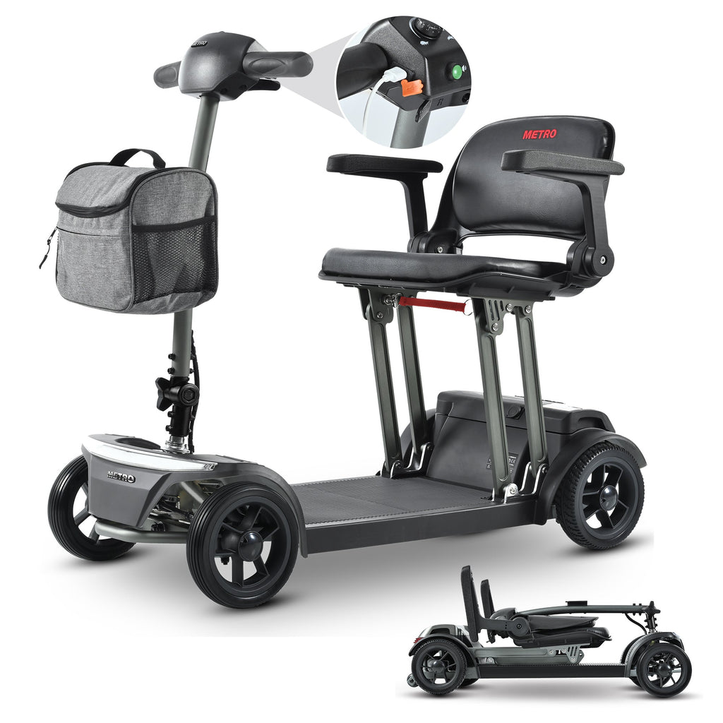 Mobility Scooter Folding Lightweight Metal Gray USB Port Travel Compact