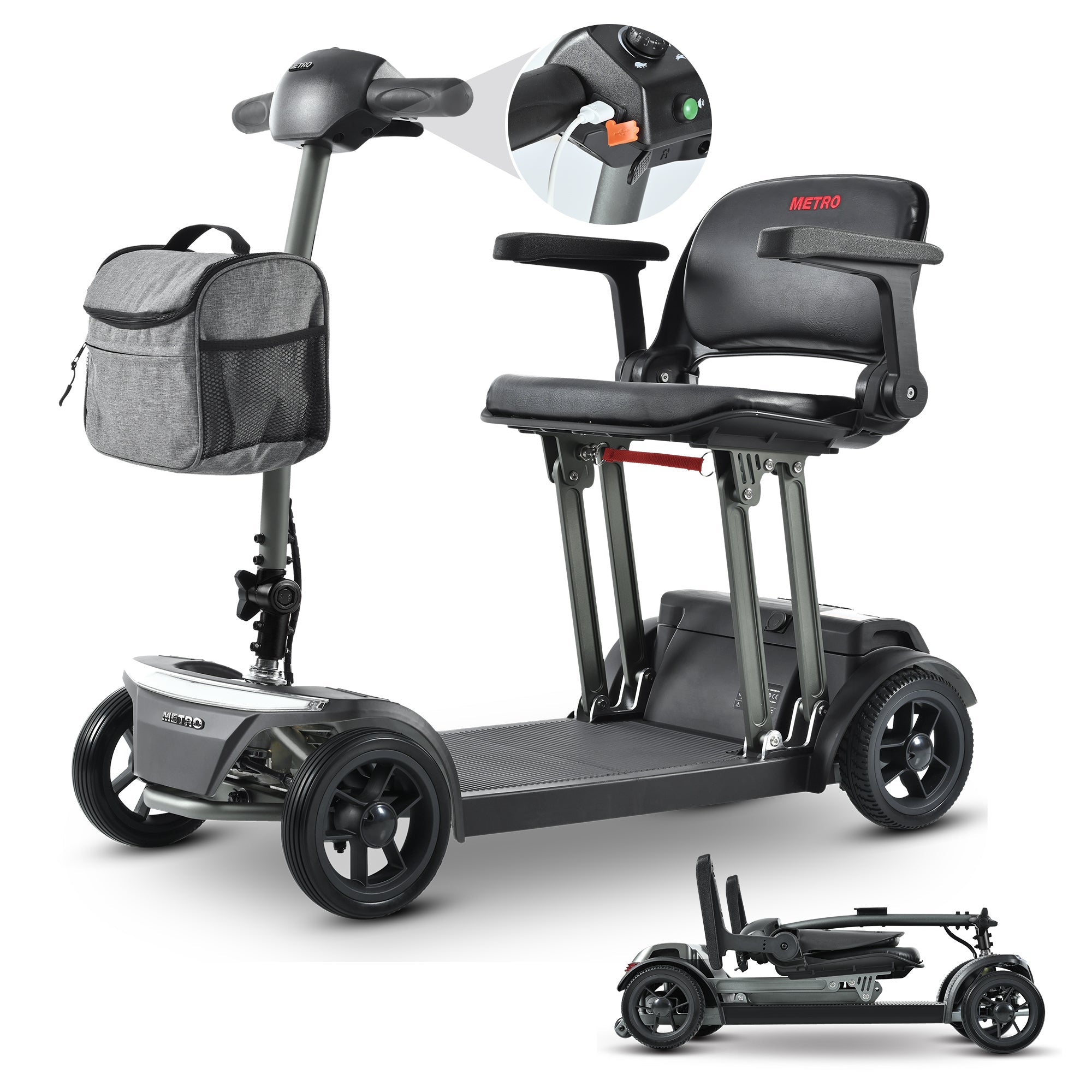 Mobility Scooter Folding Lightweight Metal Gray USB Port Travel Compact