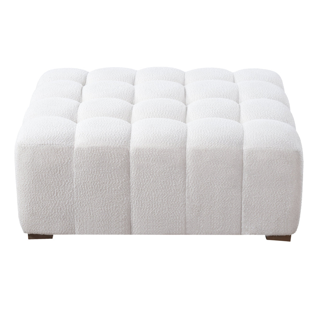 White Boucle Rectangular Ottoman Rubberwood Legs 44.5x35.5x18.5