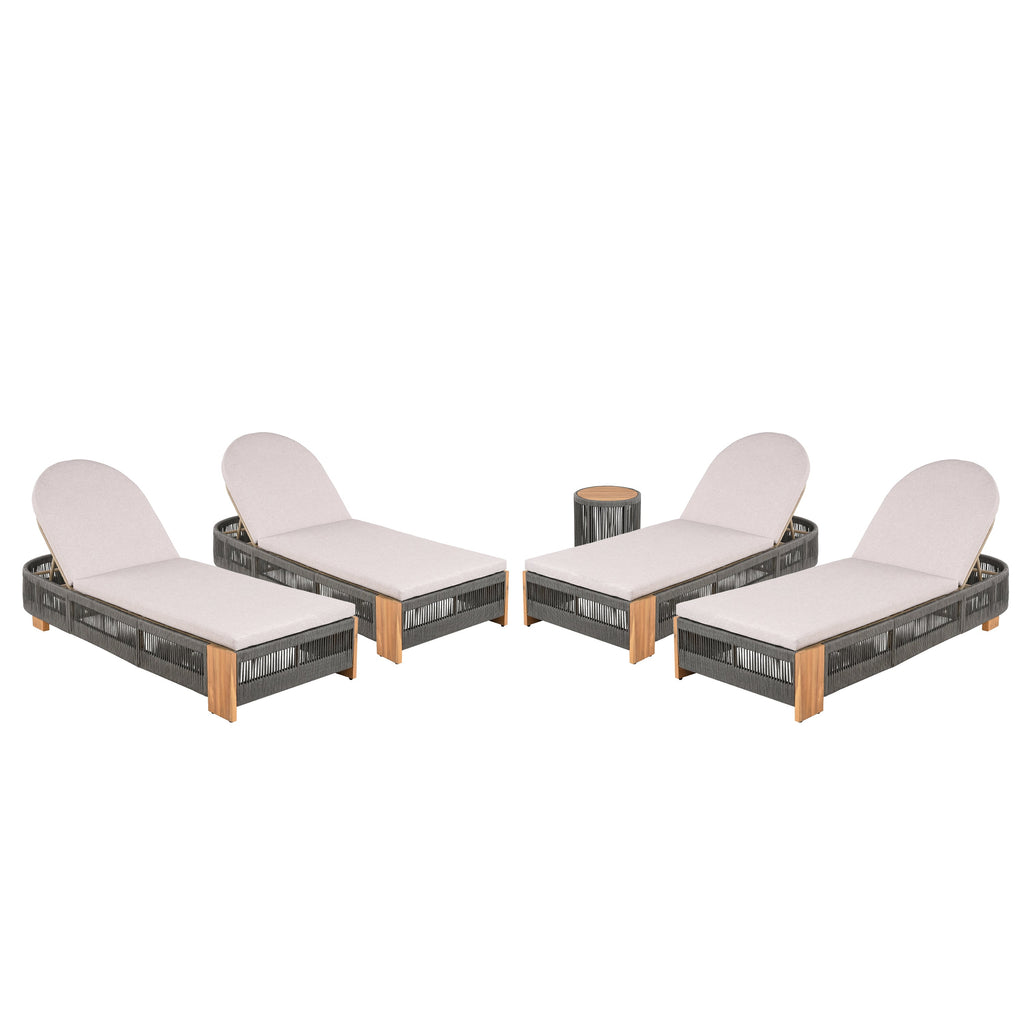 Outdoor Rope Lounge Set 4 Piece Acacia Wood Adjustable Backrest