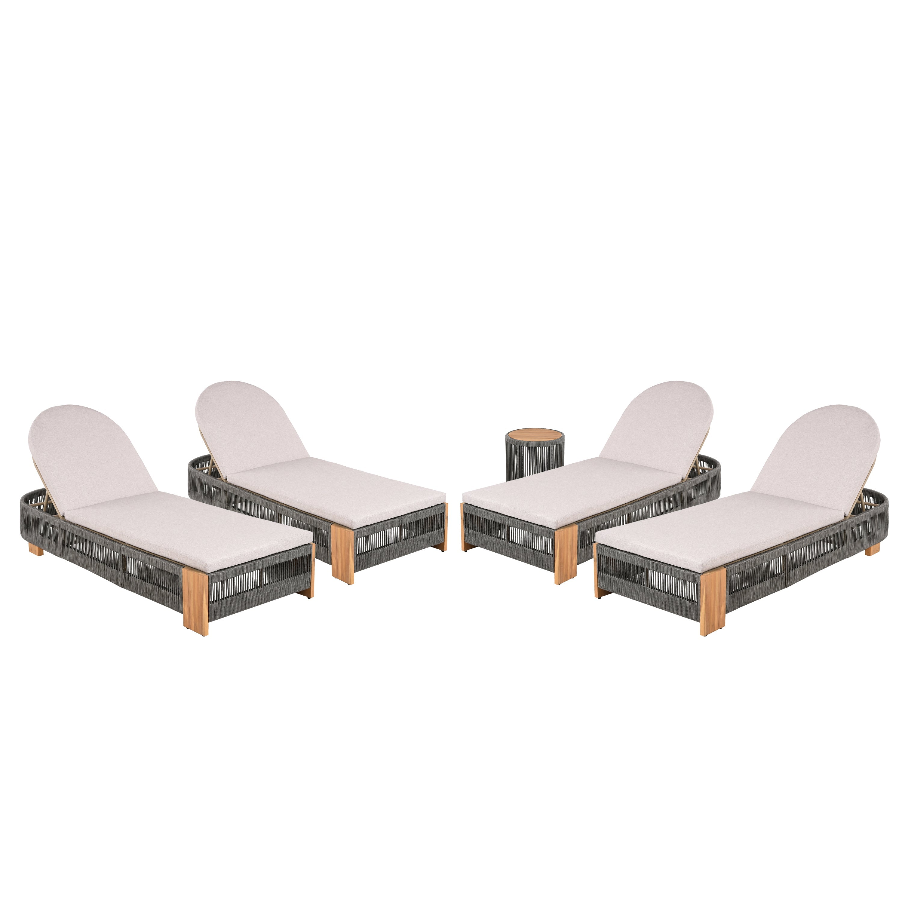 Outdoor Rope Lounge Set 4 Piece Acacia Wood Adjustable Backrest