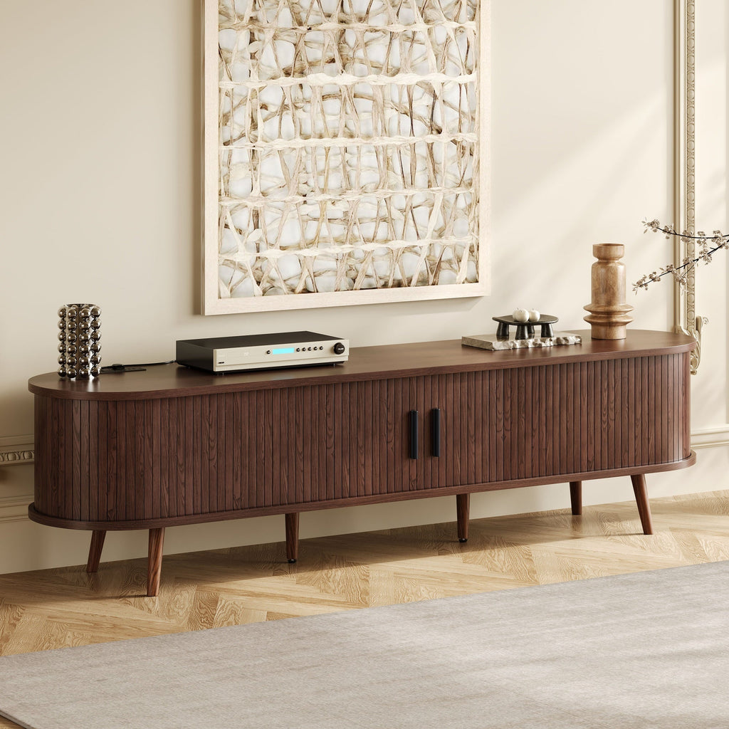 TV Stand Mid-Century Dark Brown MDF Tambour Door 2 AC 2 USB Fits 80 In TV