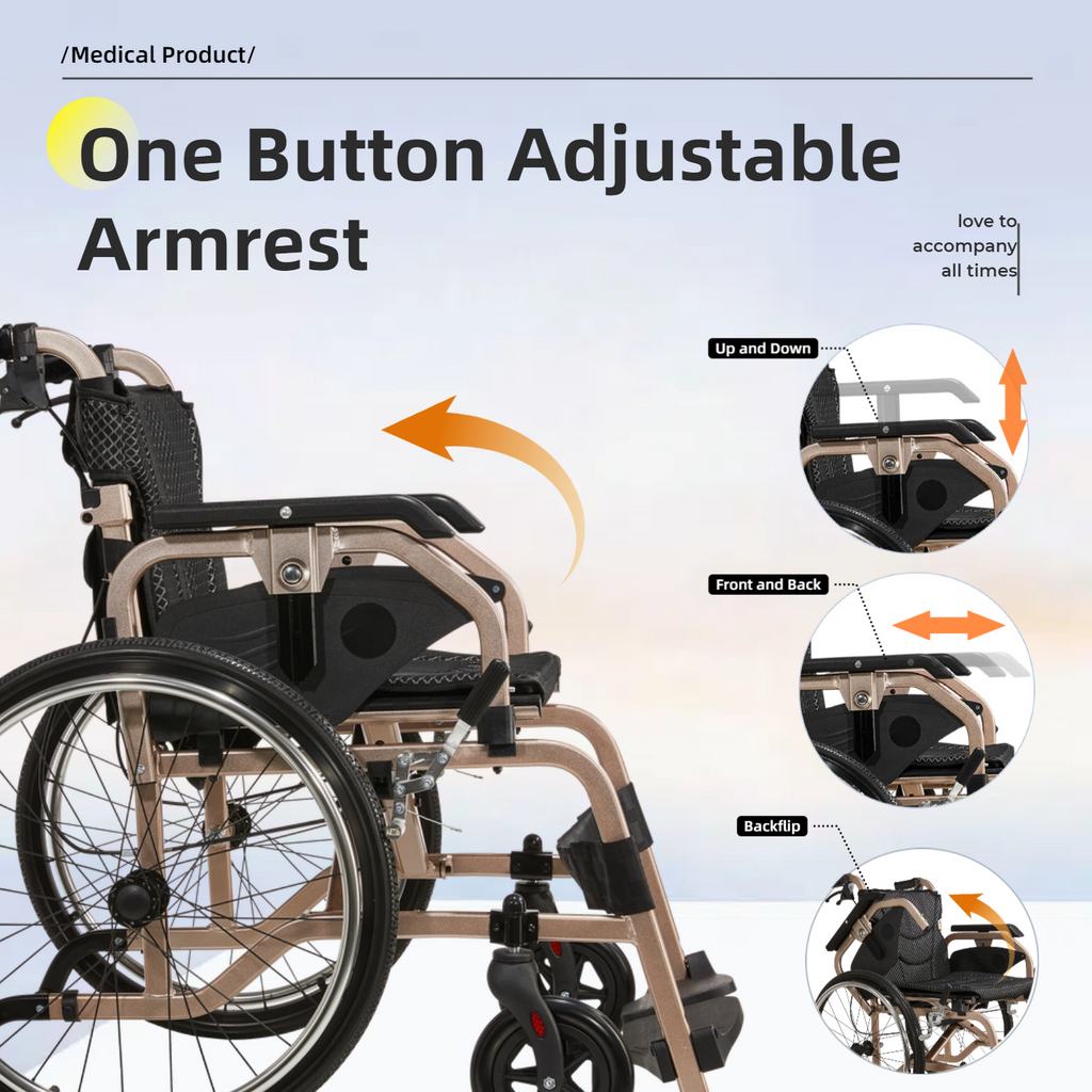 Wheelchair Manual Transport Folding Aluminum 18 In Seat 250 LB Gold Black