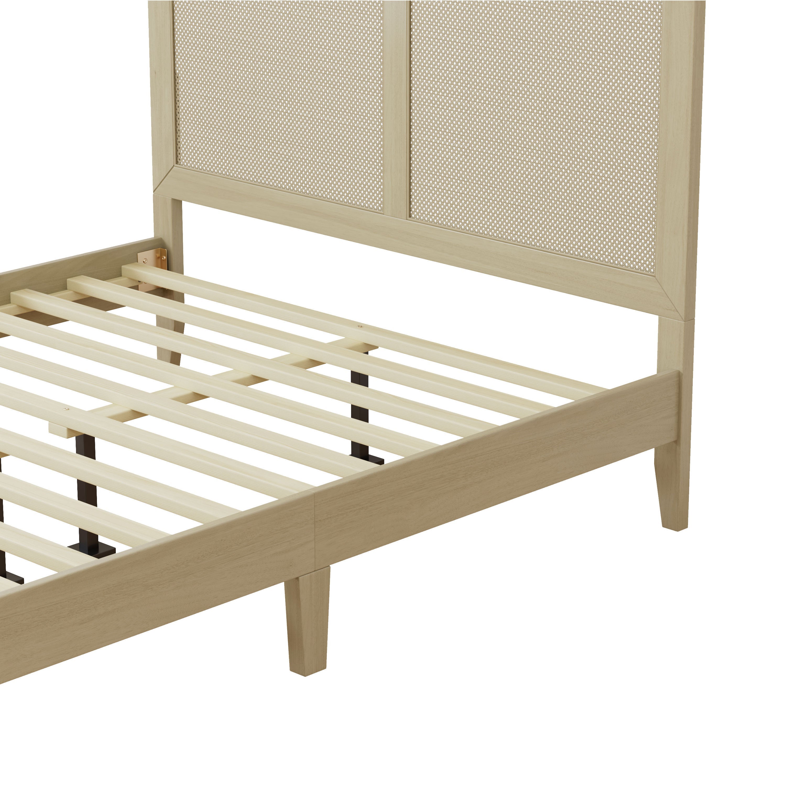 Solid Wood Platform Queen Bed With Rattan