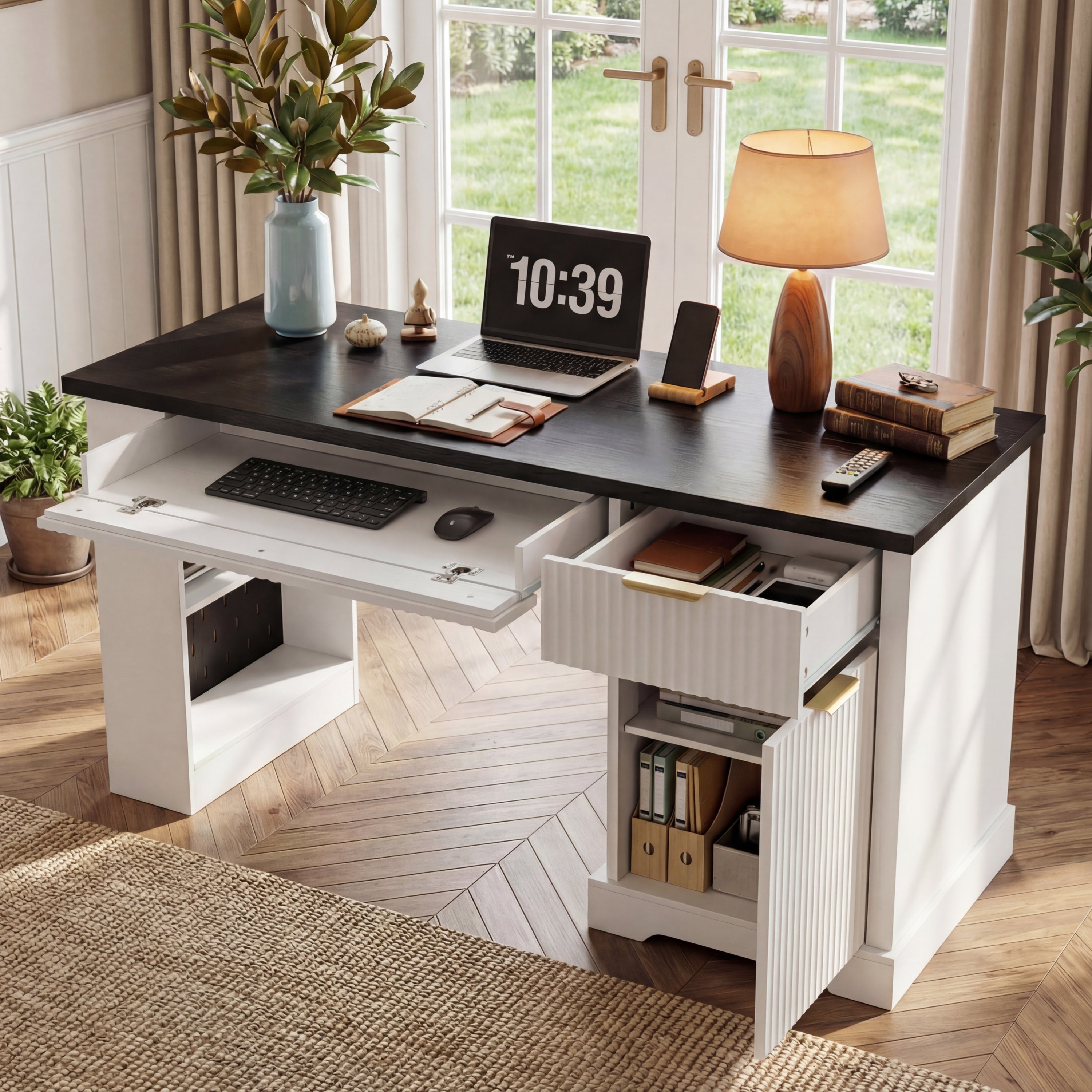 55' Modern Fluted Office Desk with Storage Cabinet and Drawers, Computer Writ...