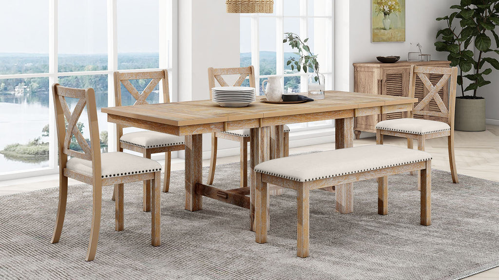 Farmhouse 82inch 6-Piece Extendable Dining Table with Footrest, 4 Upholstered