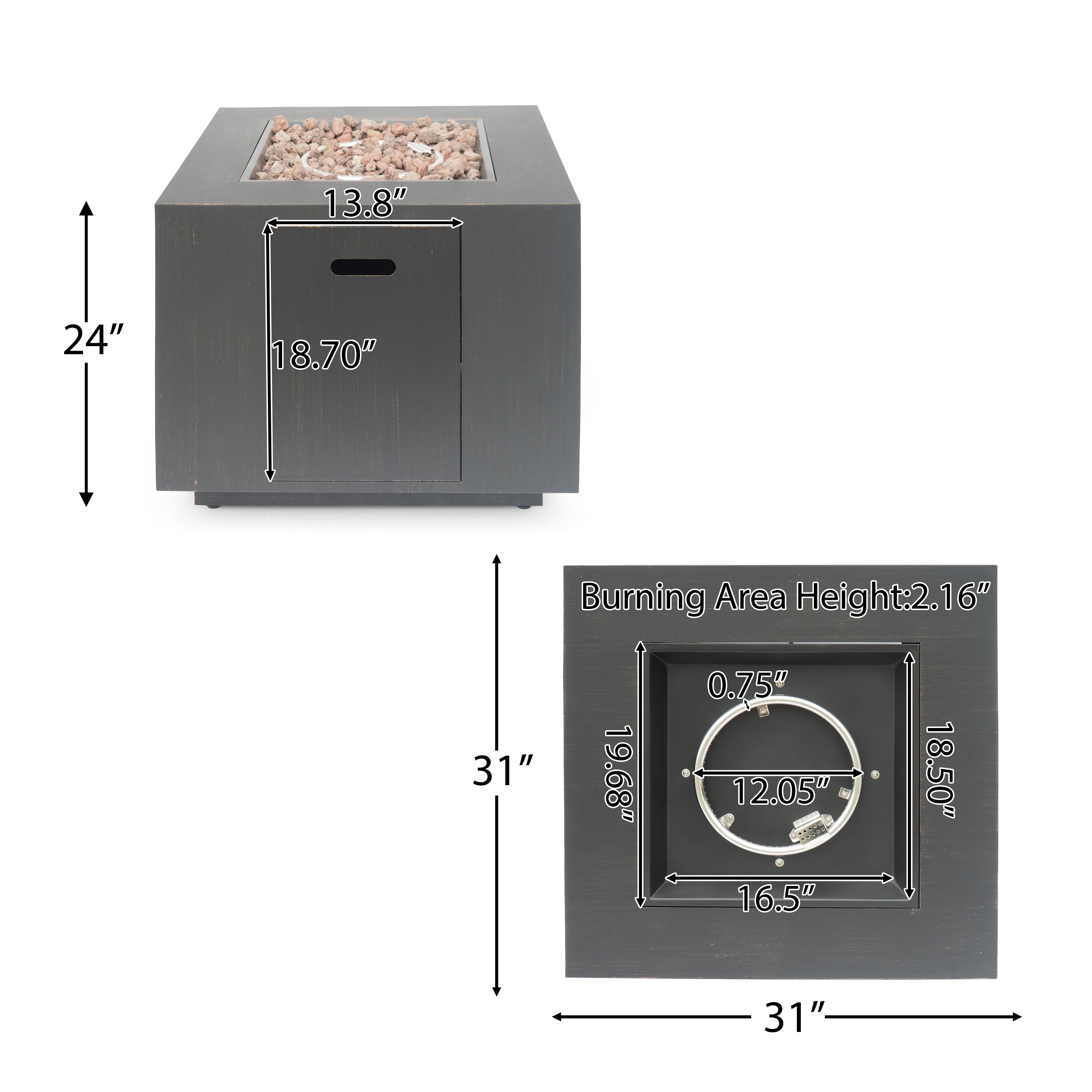 33' Outdoor Iron Square Propane Fire Pit, Tank Inside, Brushed Brown 50,000 BTU