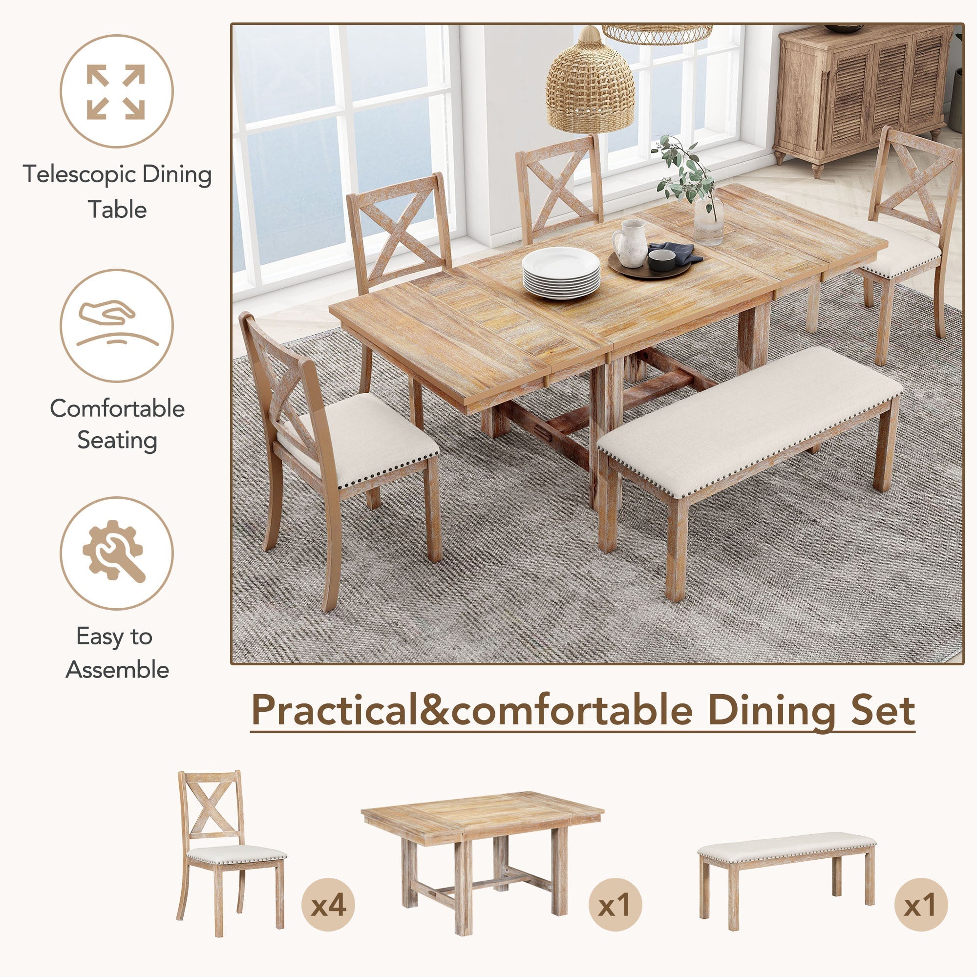 Farmhouse 82inch 6-Piece Extendable Dining Table with Footrest, 4 Upholstered